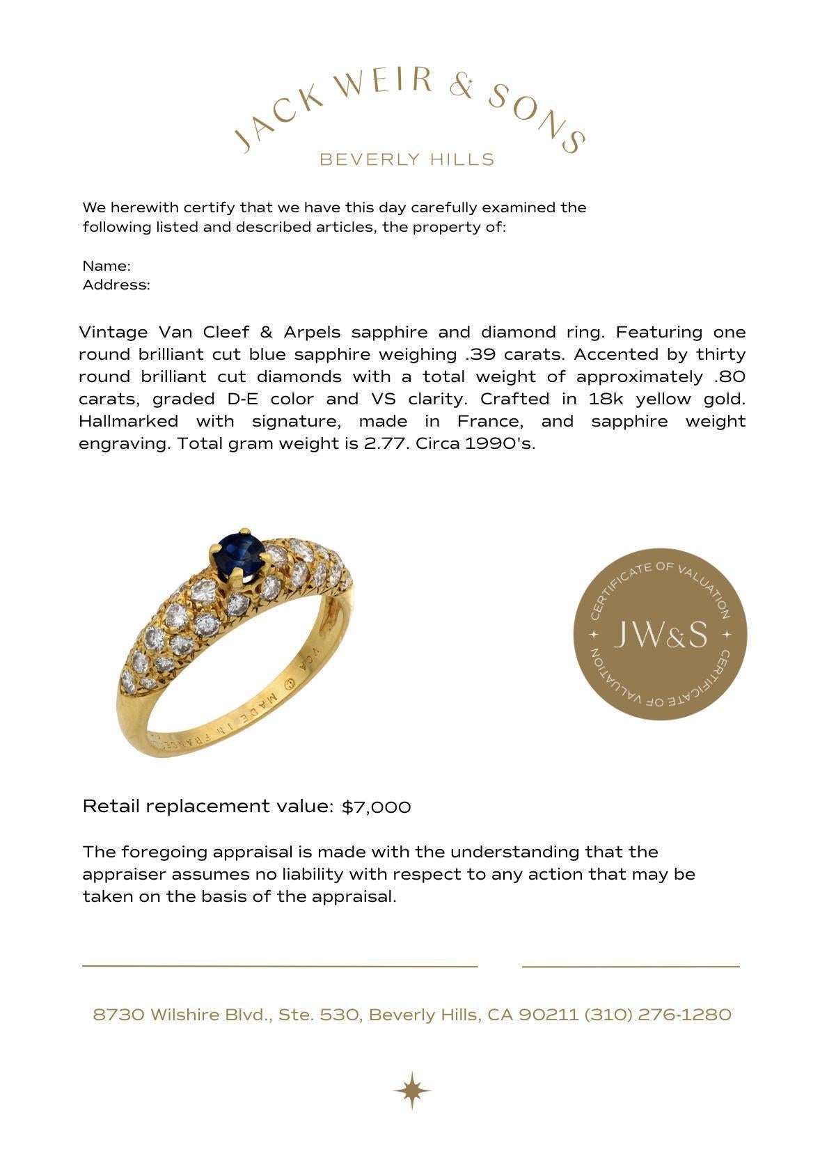 Bague Van Cleef & Arpels saphir diamant de 0,39 carat en or jaune 18 carats en vente 2