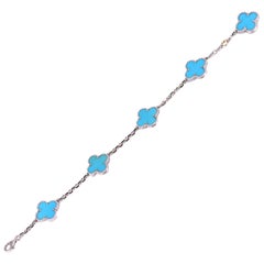 Van Cleef & Arpels 5 Motif Turquoise Alhambra 18 Karat White Gold Bracelet