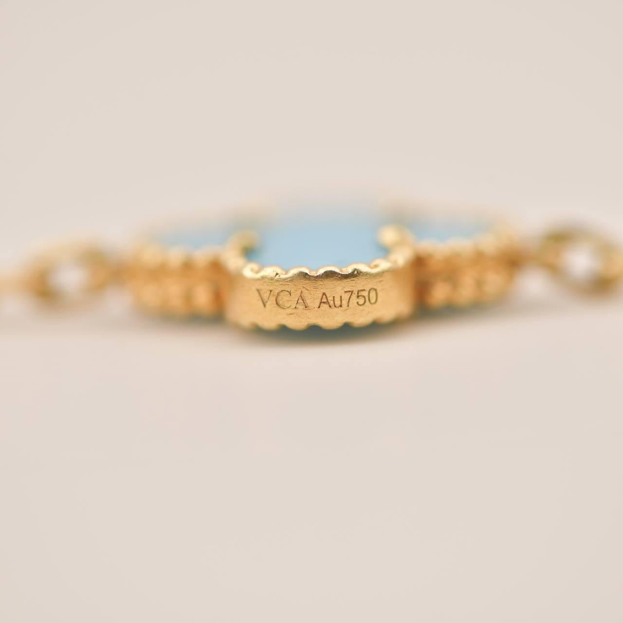  Van Cleef & Arpels Bracelet Alhambra en or jaune 18 carats et turquoise à 5 motifs Unisexe 