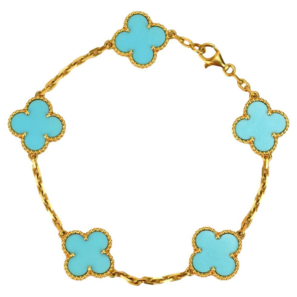 Van Cleef & Arpels 5 Motif Turquoise Alhambra 18k Yellow Gold Bracelet