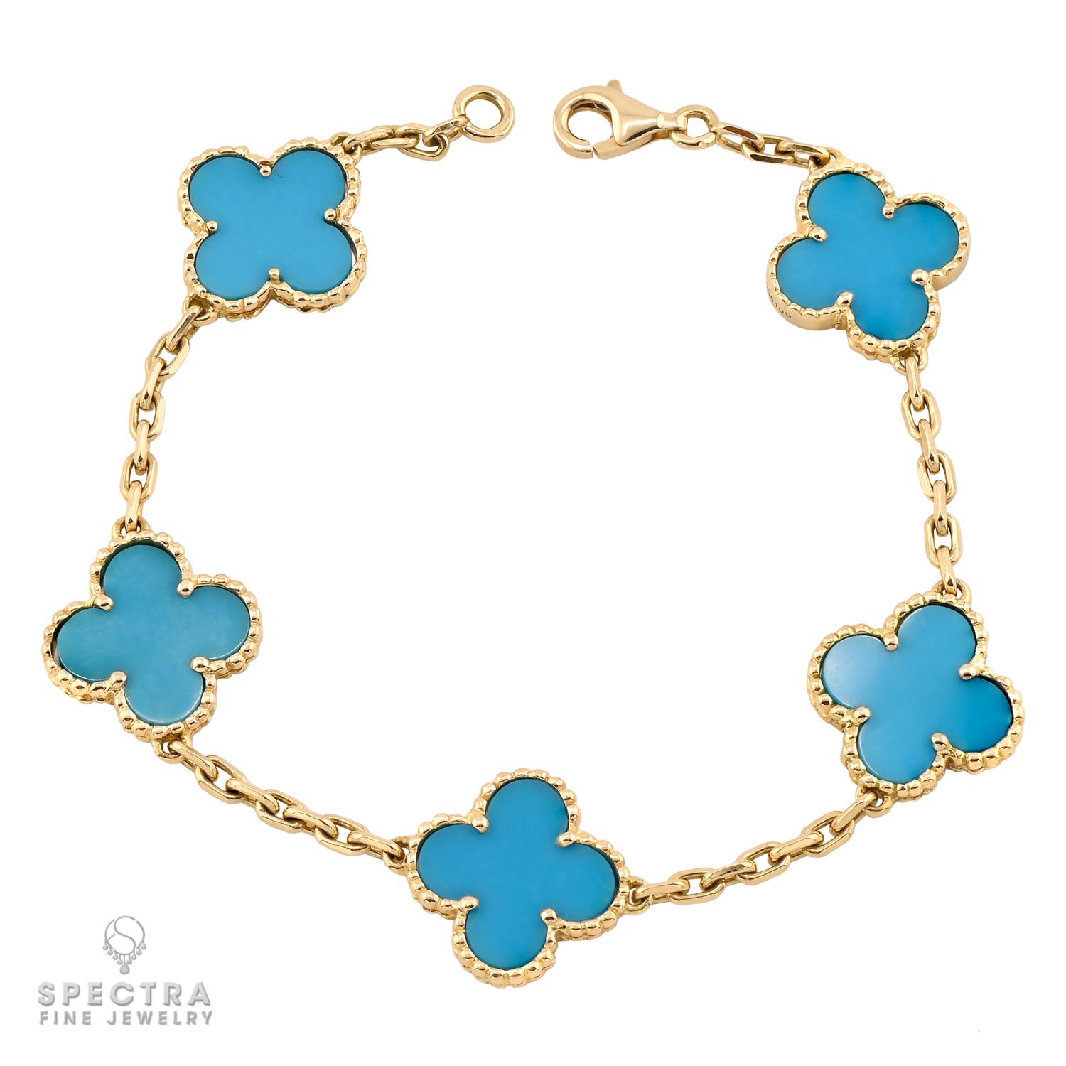 This stunning Van Cleef & Arpels Alhambra bracelet features five turquoise clover motifs, each set in a delicate beaded 18k yellow gold frame. The vibrant turquoise stones are highly coveted for their rich, opaque color and smooth surface, lending