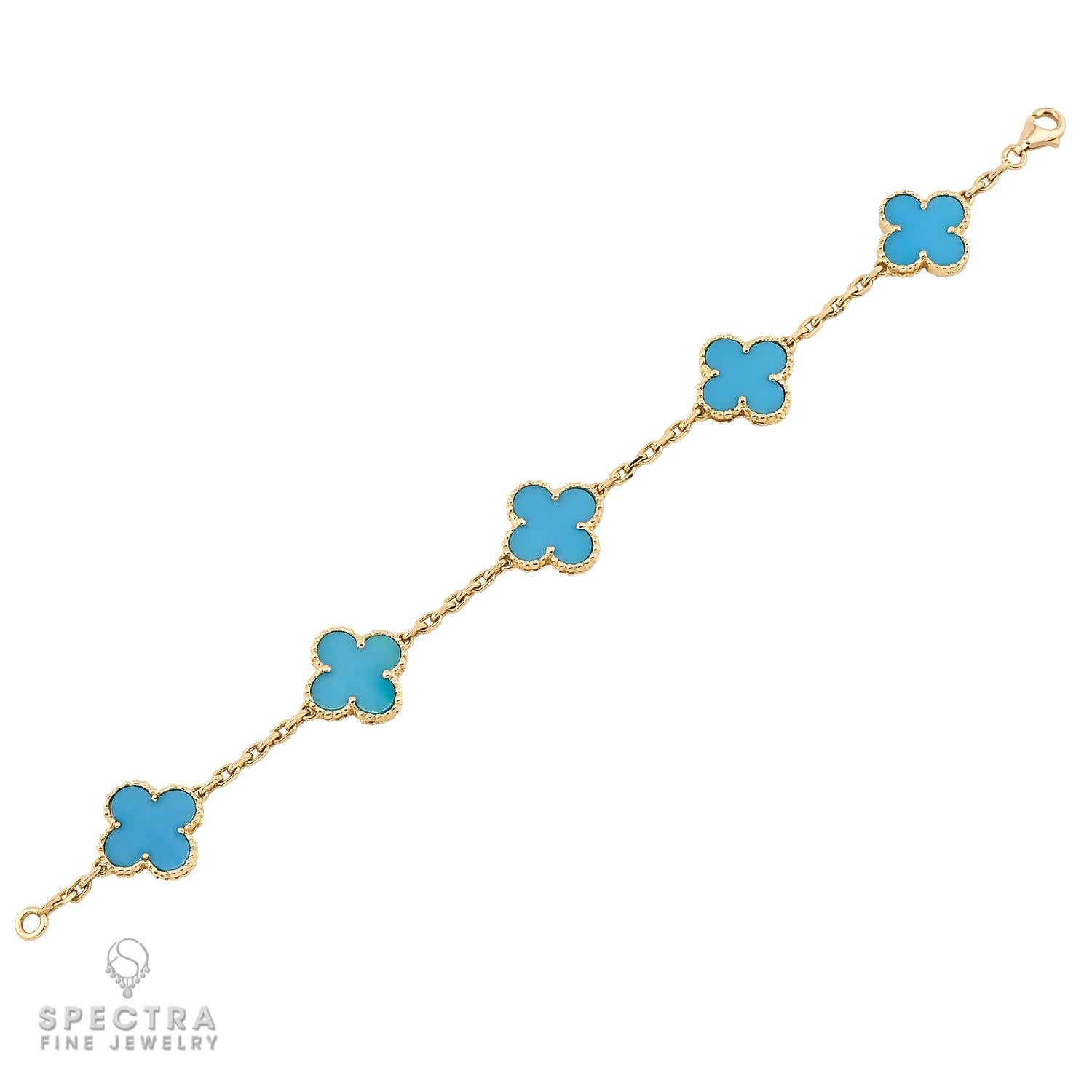 Mixed Cut Van Cleef & Arpels 5-Motif Turquoise Alhambra Bracelet For Sale