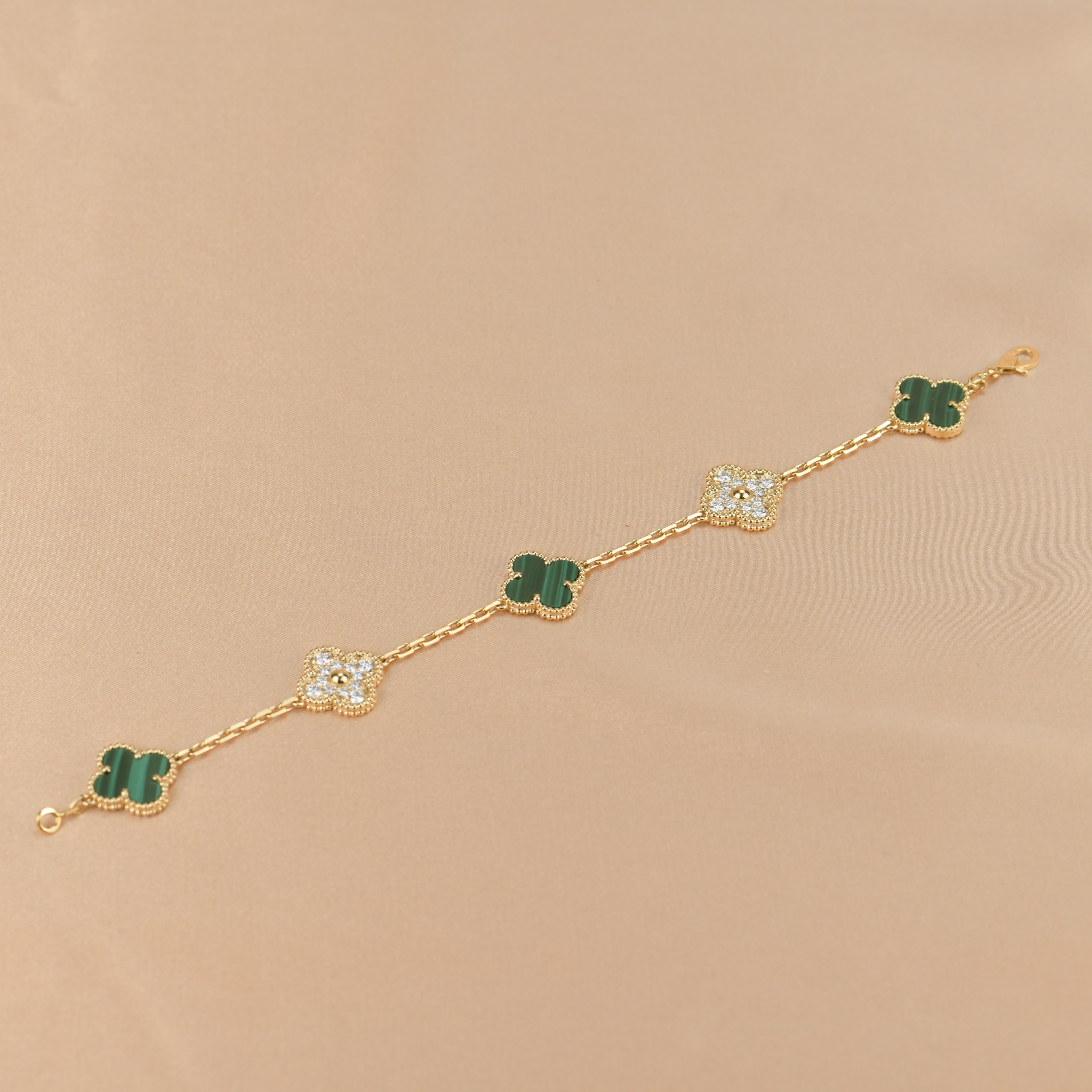 Van Cleef & Arpels 5 Motif Vintage Alhambra Diamond Malachite Bracelet 4