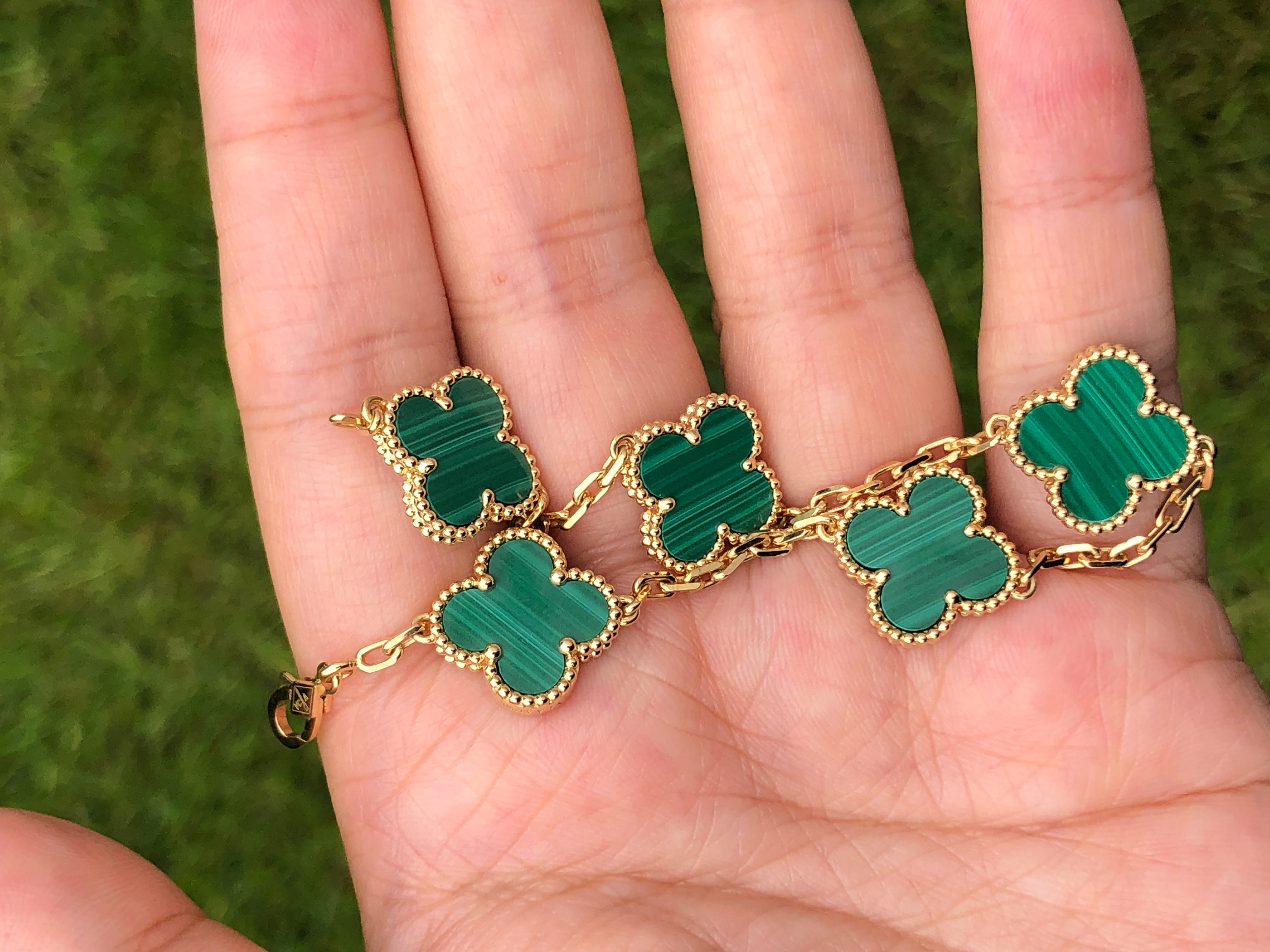  Van Cleef & Arpels 5 Motif Vintage Alhambra Malachite Gold Bracelet Unisexe 