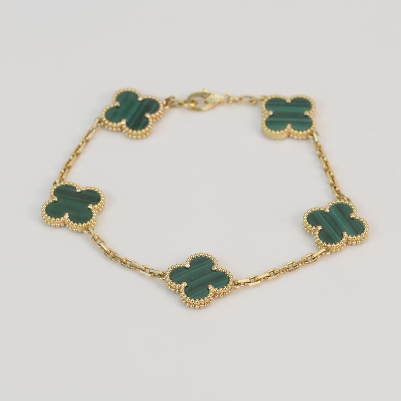 Van Cleef & Arpels 5 Motif Vintage Alhambra Malachite Yellow Gold Bracelet 2