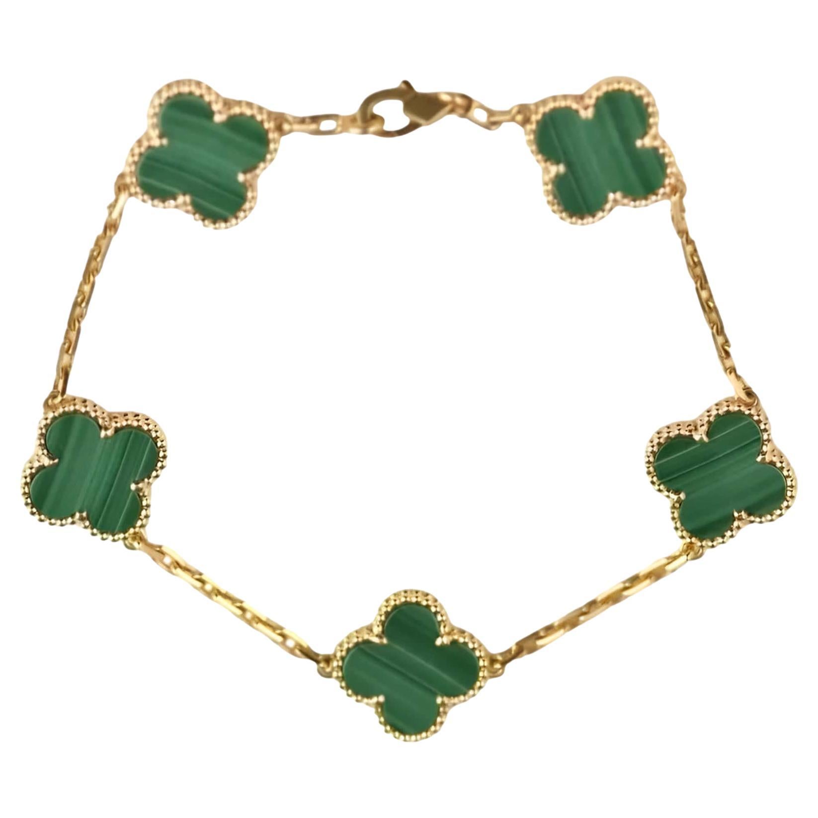 Vintage Alhambra bracelet, 5 motifs 18K yellow gold, Malachite