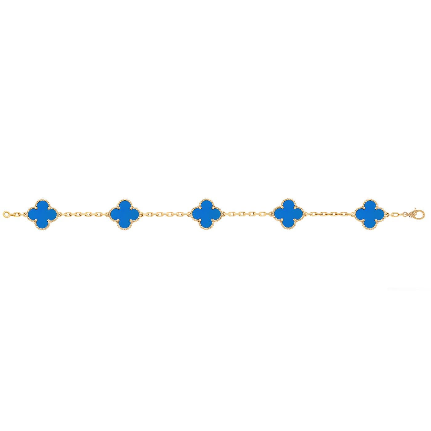 Modernist Van Cleef & Arpels 5 Motifs Blue Agate 18K Yellow Gold Vintage Alhambra Bracelet