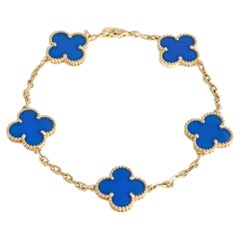 Van Cleef & Arpels Vintage Alhambra-Armband aus 18 Karat Gelbgold mit 5 Motiven aus blauem Achat