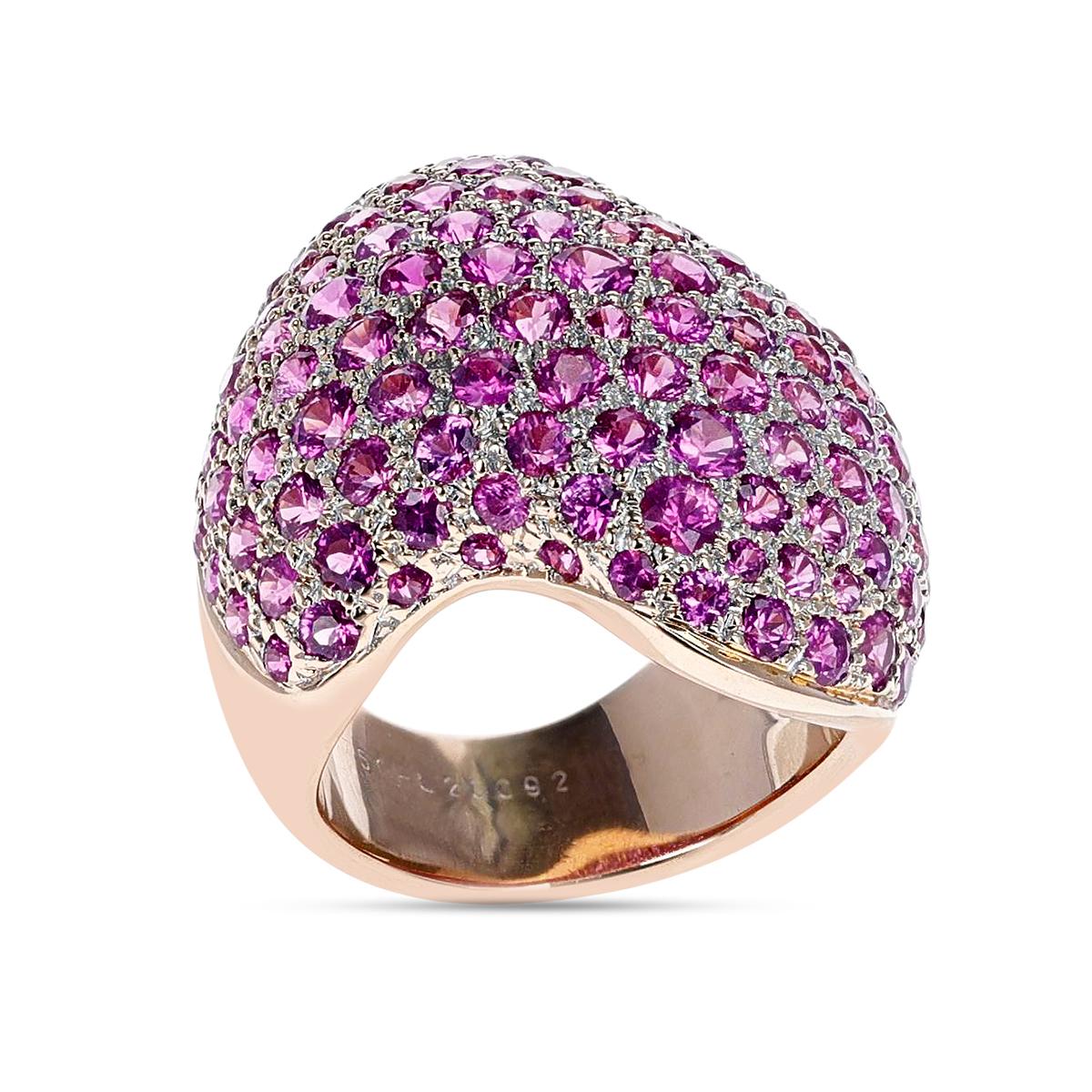 Round Cut Van Cleef & Arpels 6.10 Ct. Pink Sapphire Swerve Cocktail Ring, 18K Rose Gold For Sale