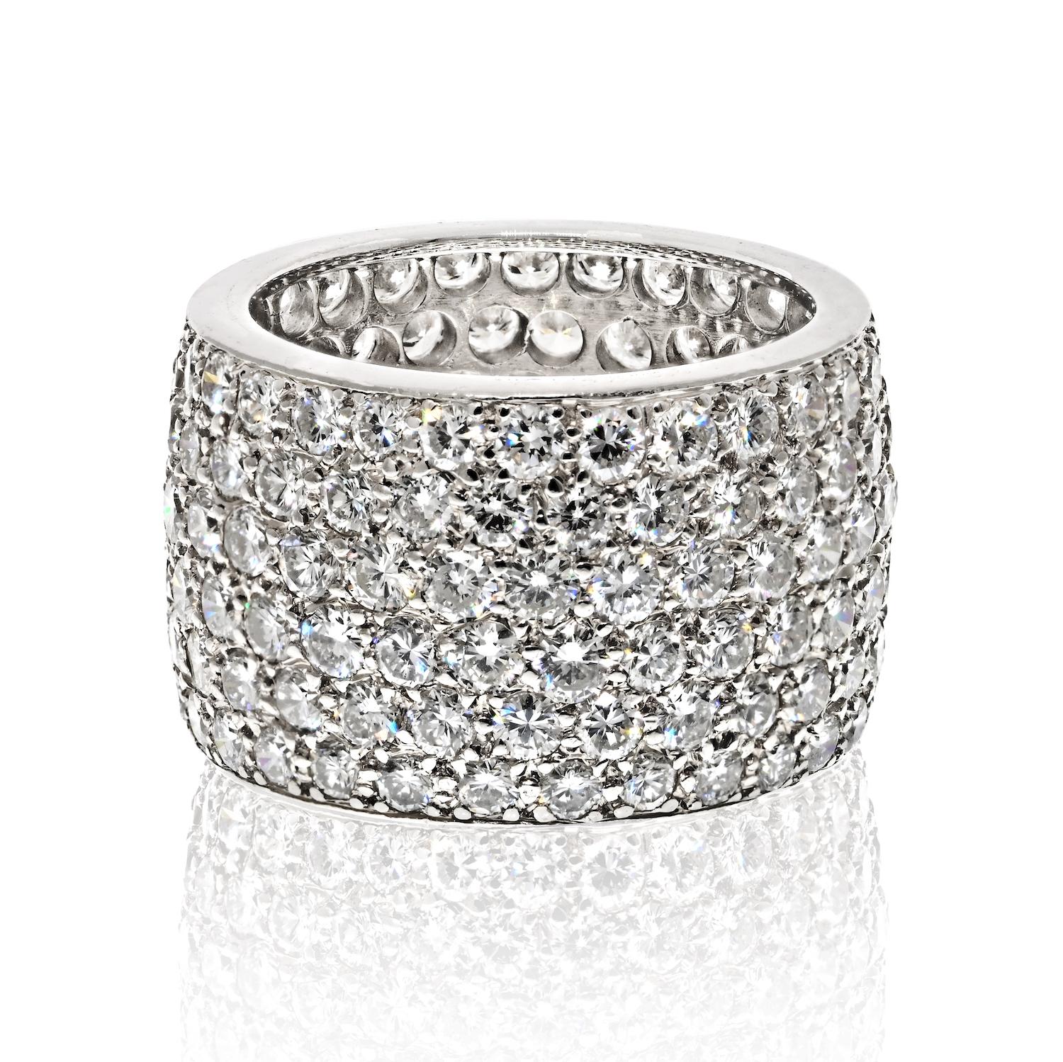 The Van Cleef & Arpels multi-row diamond ring is a truly stunning piece of jewelry. 

It features six rows of brilliant-cut diamonds that are expertly set to create a dazzling display of sparkle and shine. Measuring approximately 0.5 inches wide,