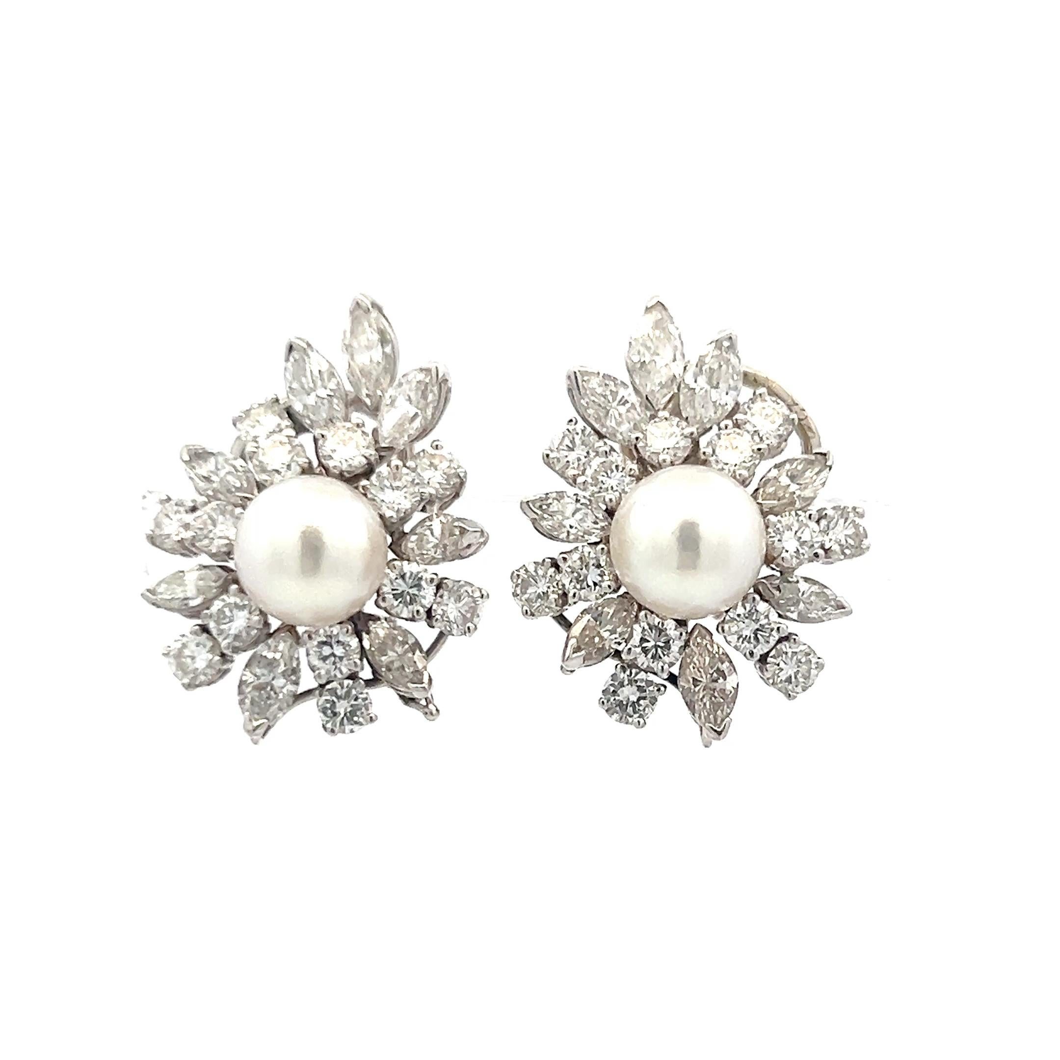 Women's Van Cleef & Arpels 6.73 Carat Marquis and Round Diamond 8.75 MM Pearl Earrings