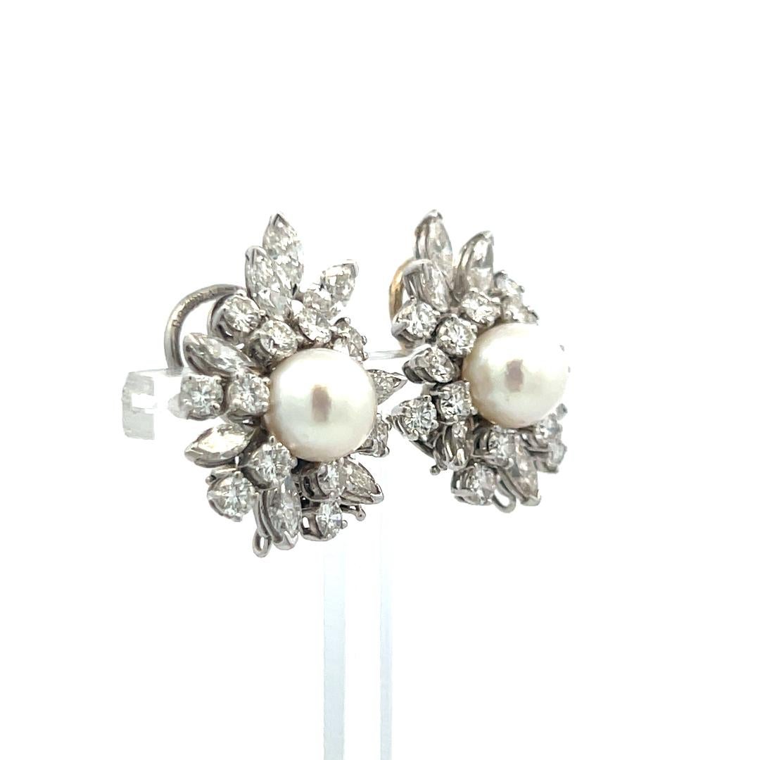 Van Cleef & Arpels 6.73 Carat Marquis and Round Diamond 8.75 MM Pearl Earrings 1