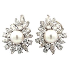 Van Cleef & Arpels 6.73 Carat Marquis and Round Diamond 8.75 MM Pearl Earrings