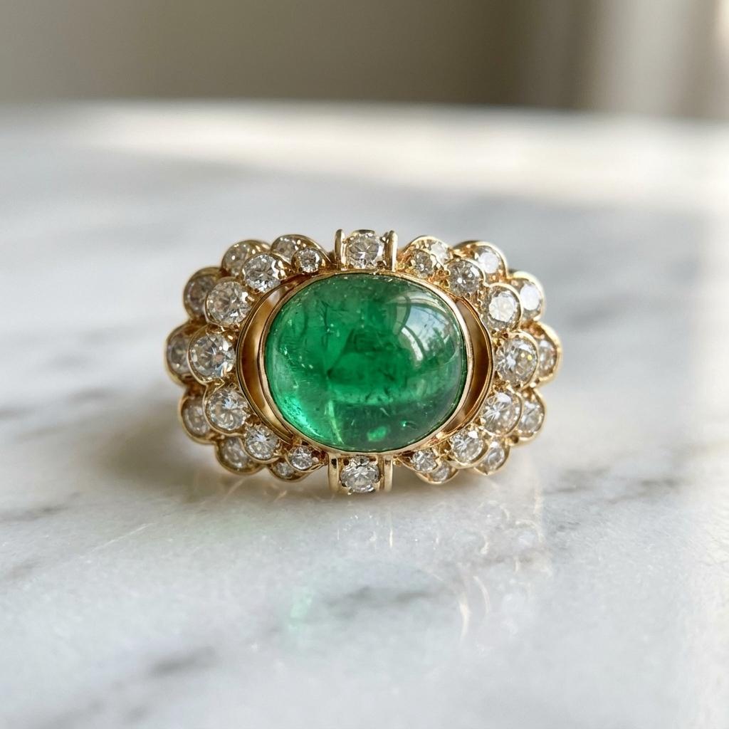 Van Cleef & Arpels 7 Karat Cabochon Smaragd und 3,6 Karat Diamant Ring (Retro) im Angebot