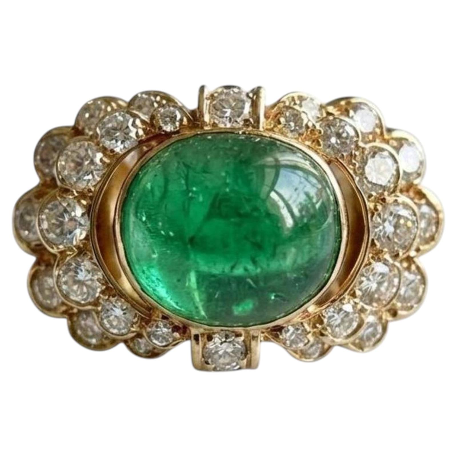 Van Cleef & Arpels 7 Carat Cabochon Emerald and 3.6 Carat Diamond Ring For Sale