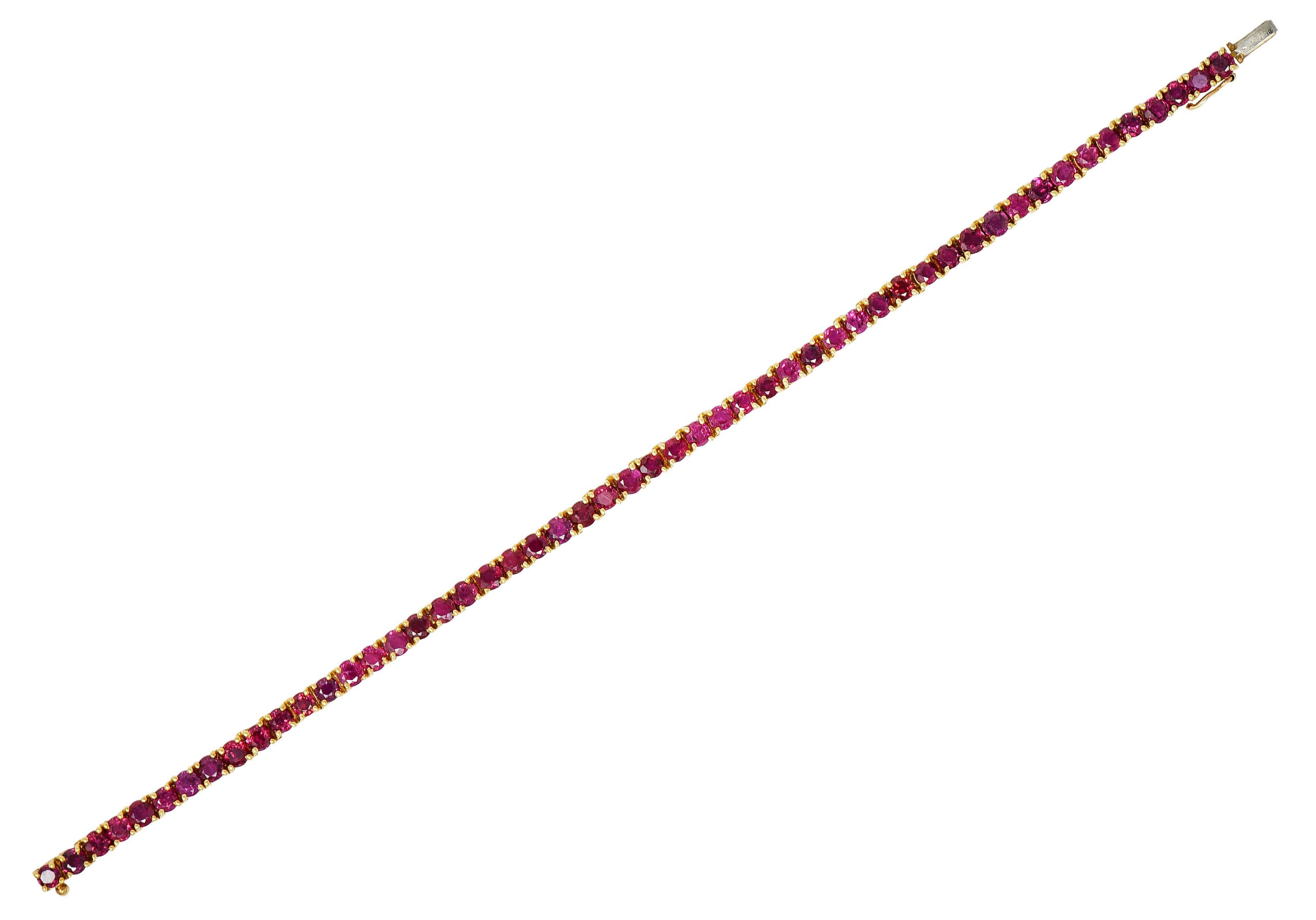 Line bracelet is comprised of articulated basket links

Set throughout with round cut rubies - very well matched slightly purplish red

Weighing in total approximately 7.50 carats

Completed by a concealed clasp with figure eight safety

Stamped 18K