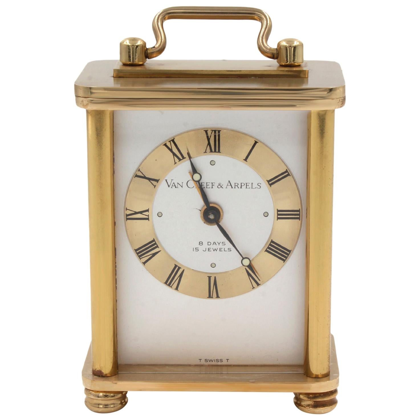 Van Cleef & Arpels 8 Days Vintage Brass Silver Dial Hand Wind Table Alarm Clock