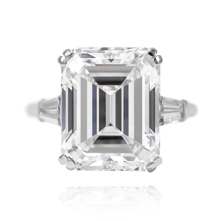 This beautiful signed piece from the Van Cleef & Arpels collection features a 8.94 carat Emerald Cut of E color and VVS2 clarity. Set in a platinum mounting with tapered baguettes, this classic ring will delight for a lifetime! 

Purchase includes