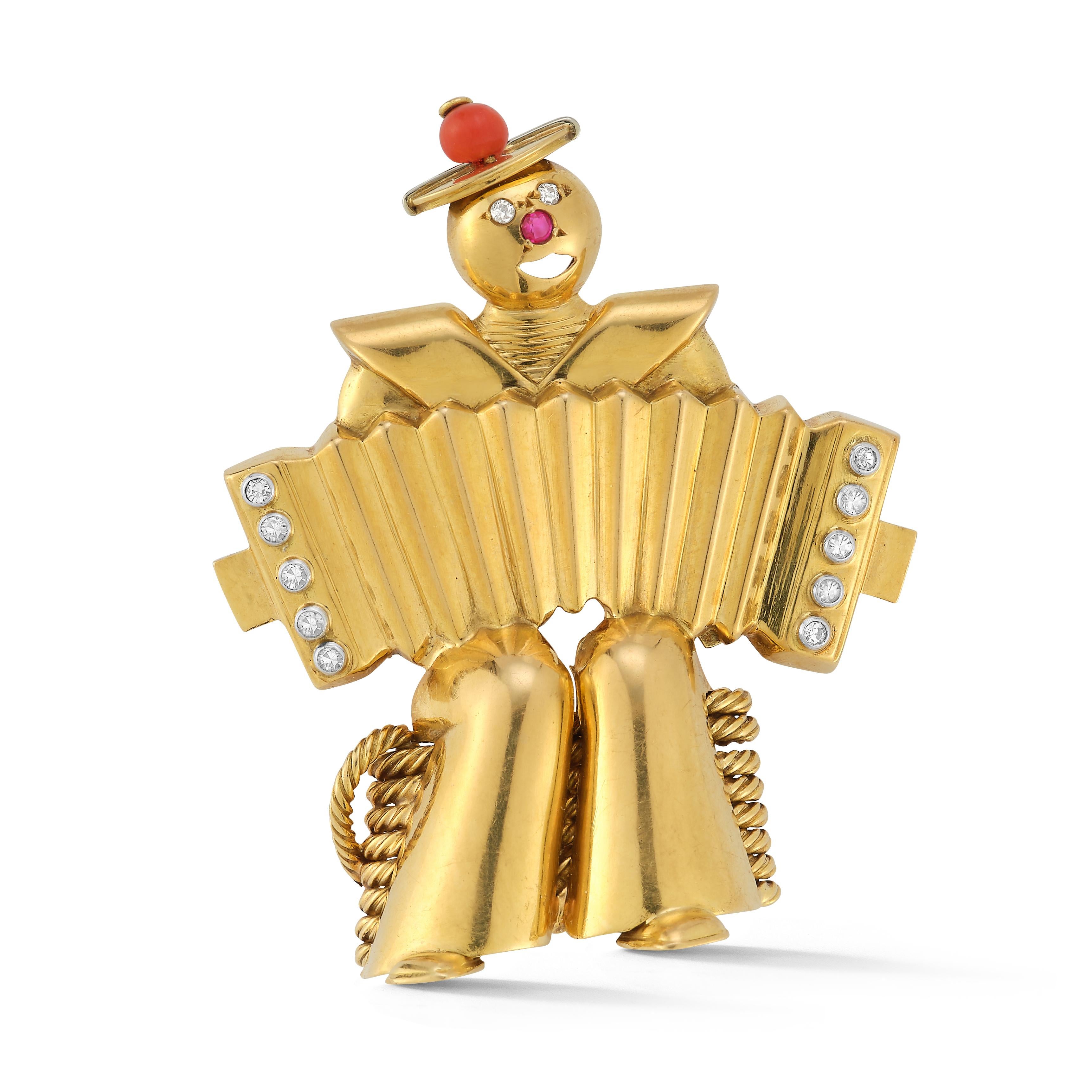 Van Cleef & Arpels Accordion Player Brooch

 A rare and collectible gold brooch of an accordion playing clown sitting on a coil of rope. The face is set with diamond eyes and a ruby nose, the hat has a coral bead on top, and the accordion is