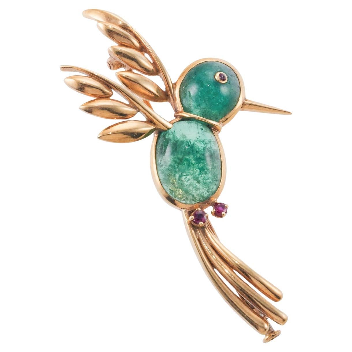 Van Cleef & Arpels Adorable Gold Emerald Ruby Hummingbird Brooch For Sale