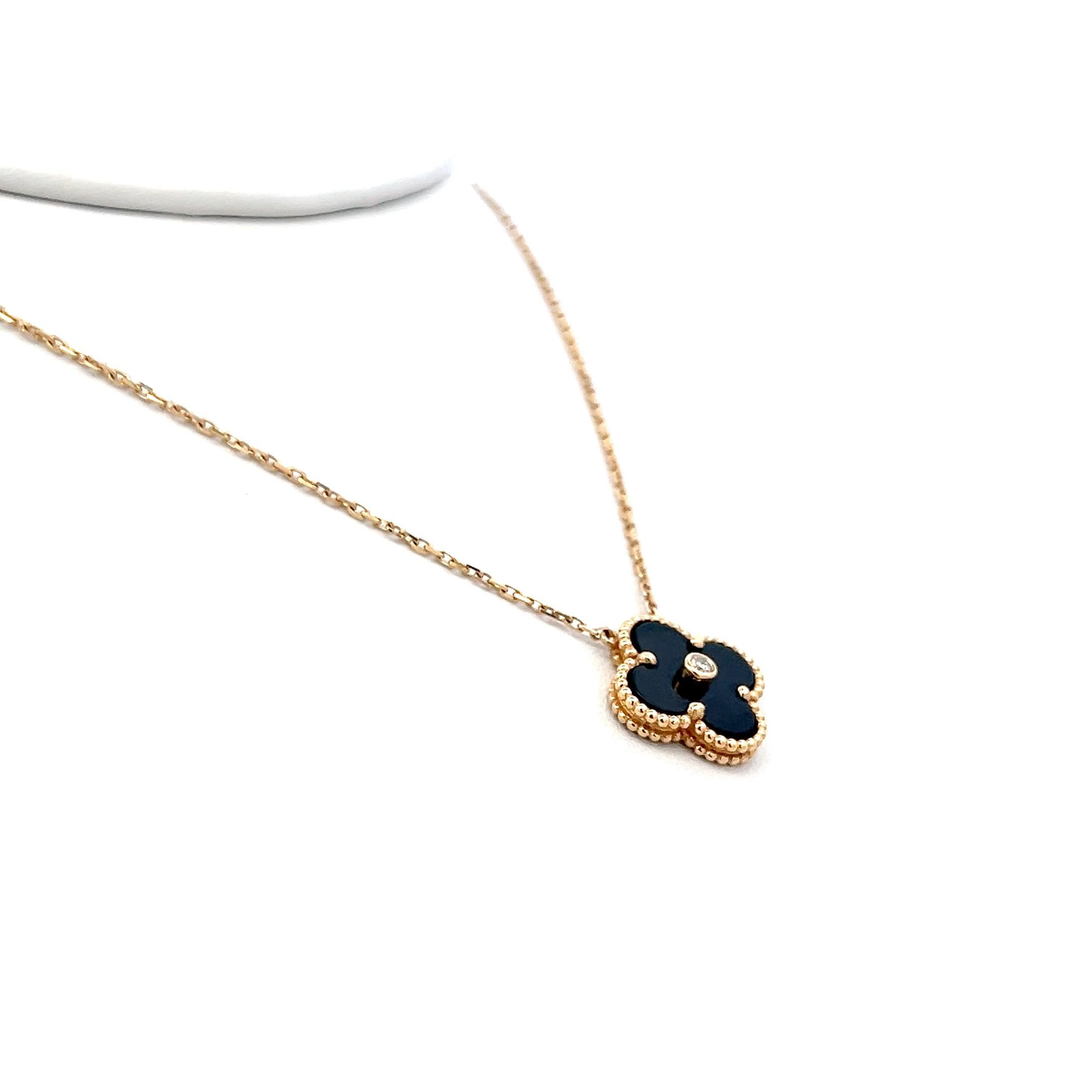 Round Cut Van Cleef & Arpels Alhambra 0.02 Carat Round Diamond 18K YG Pendant Necklace For Sale