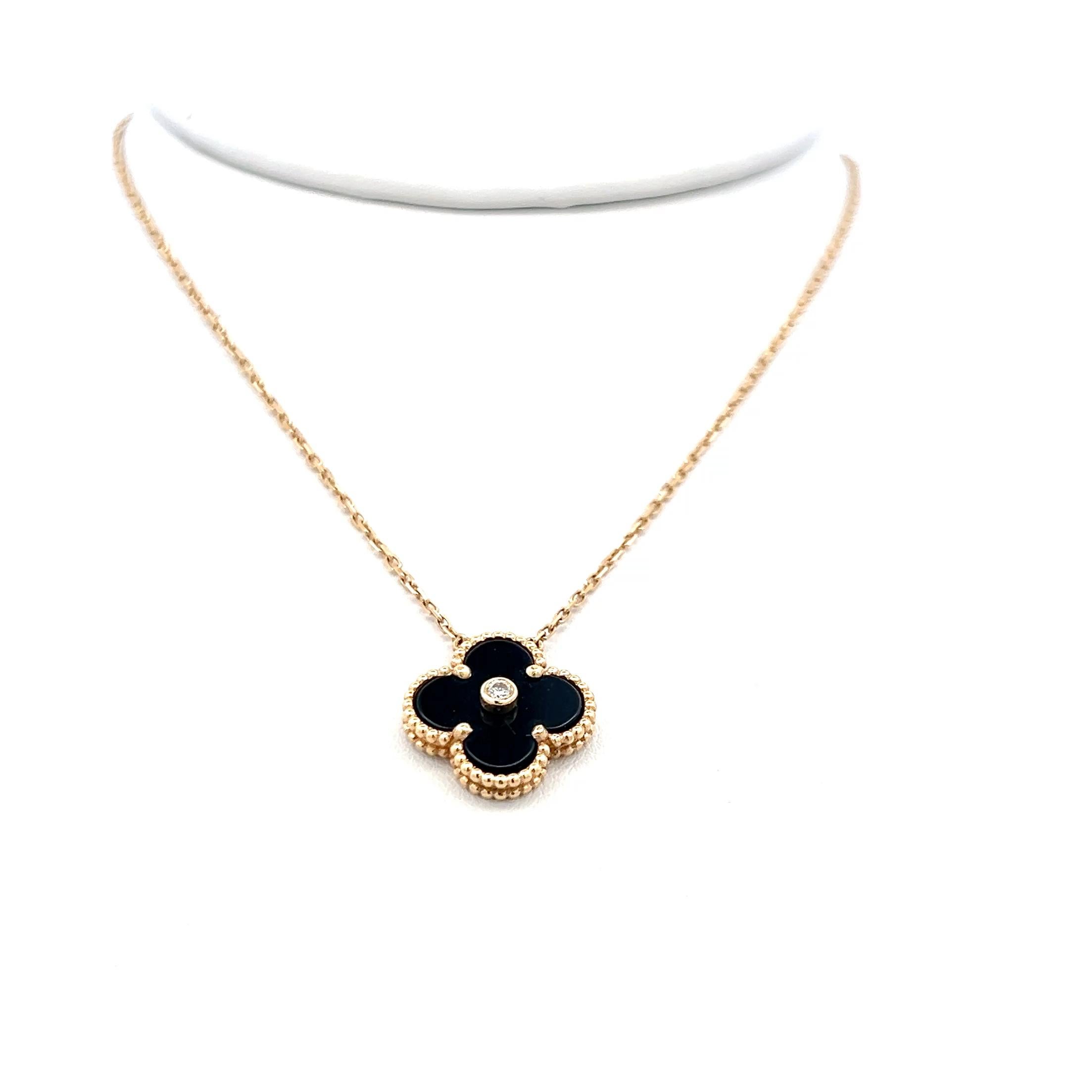 Van Cleef & Arpels Alhambra 0.02 Carat Round Diamond 18K YG Pendant Necklace In Good Condition For Sale In New York, NY