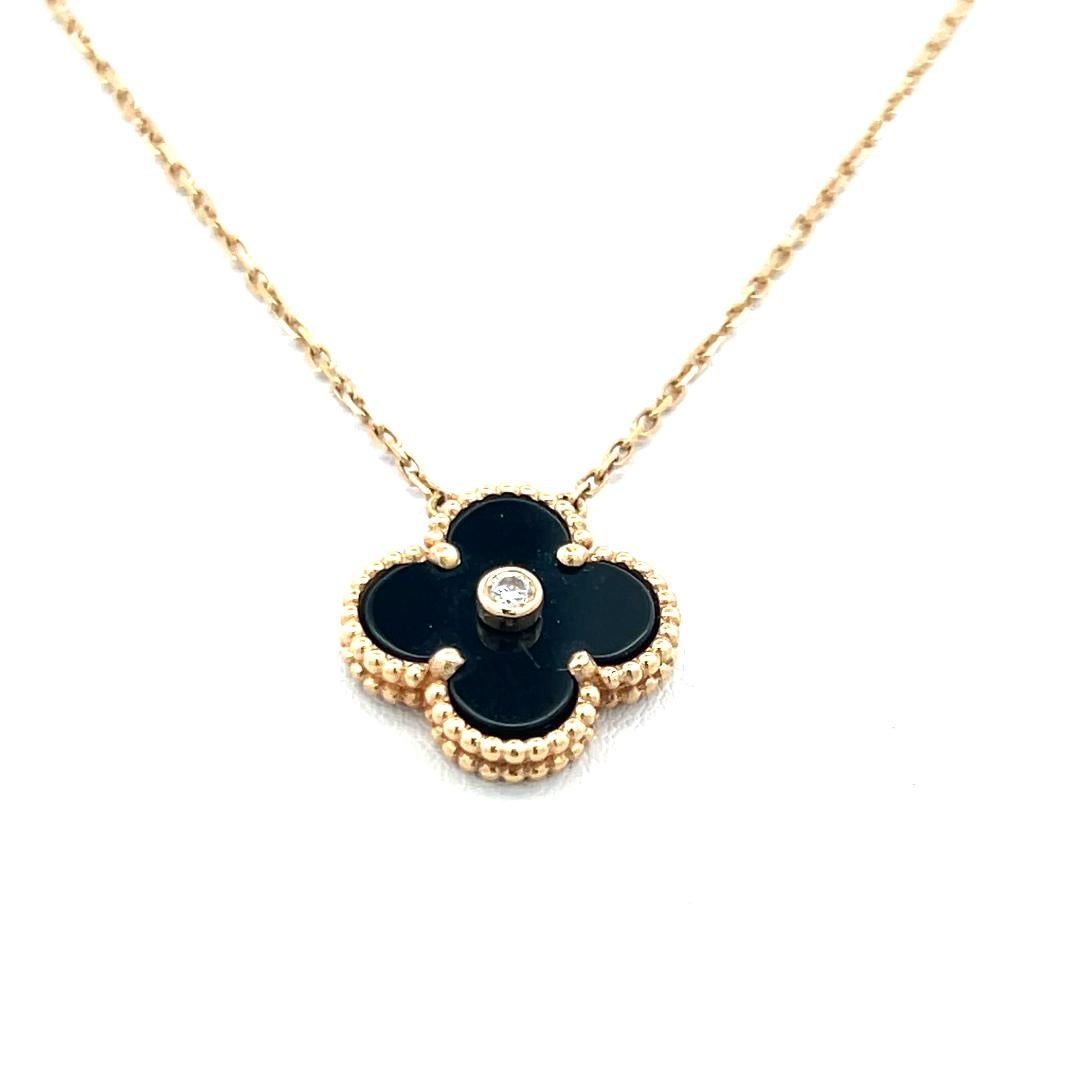 Women's Van Cleef & Arpels Alhambra 0.02 Carat Round Diamond 18K YG Pendant Necklace For Sale