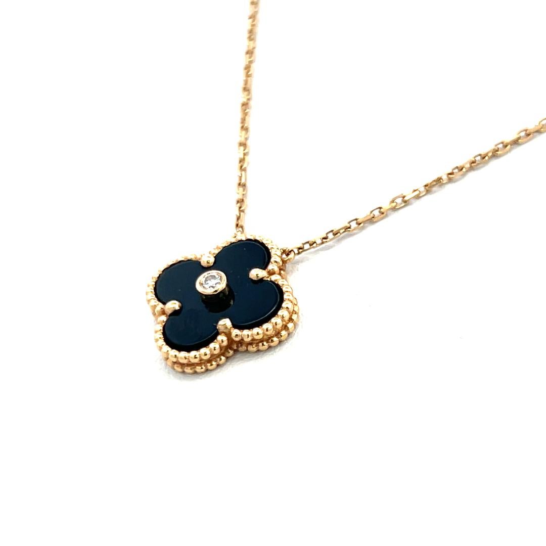 Van Cleef & Arpels Alhambra 0.02 Carat Round Diamond 18K YG Pendant Necklace For Sale 2