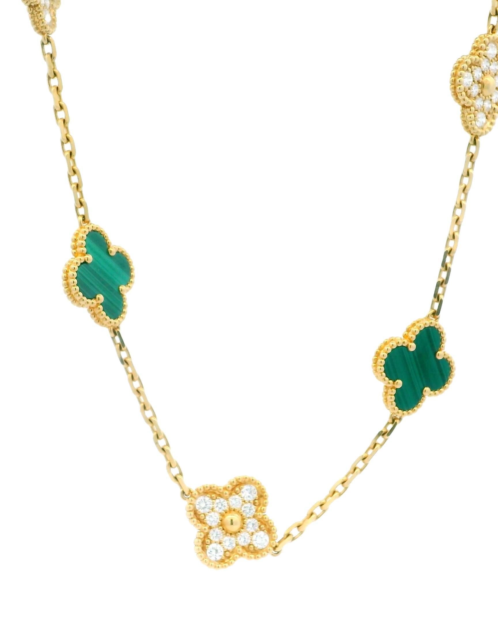 Women's or Men's Van Cleef & Arpels Alhambra 10 Motif Pave/Malachite Box and Certificate For Sale