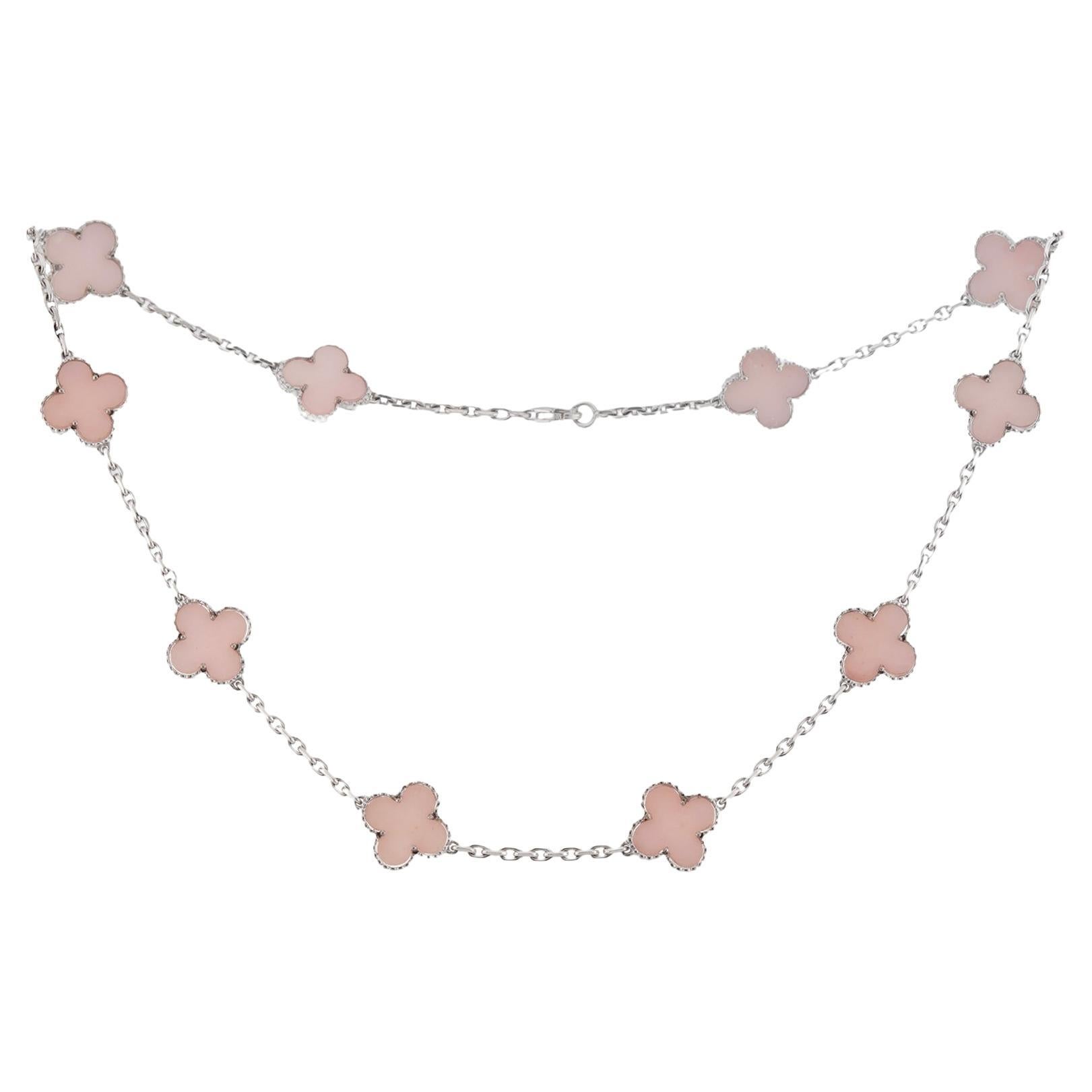 VAN CLEEF & ARPELS Alhambra 10 Motif Pink Opal Necklace COA For Sale