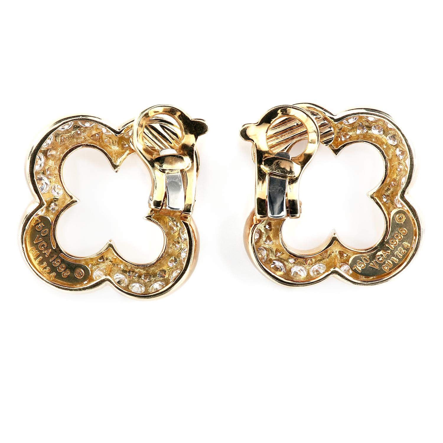 Modern Van Cleef & Arpels Alhambra 18 Karat Gold Earrings Diamond Pavé Clips