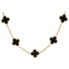 Vintage Van Cleef & Arpels Alhambra 18 Karat Yellow Gold 10 Motif Onyx Necklace