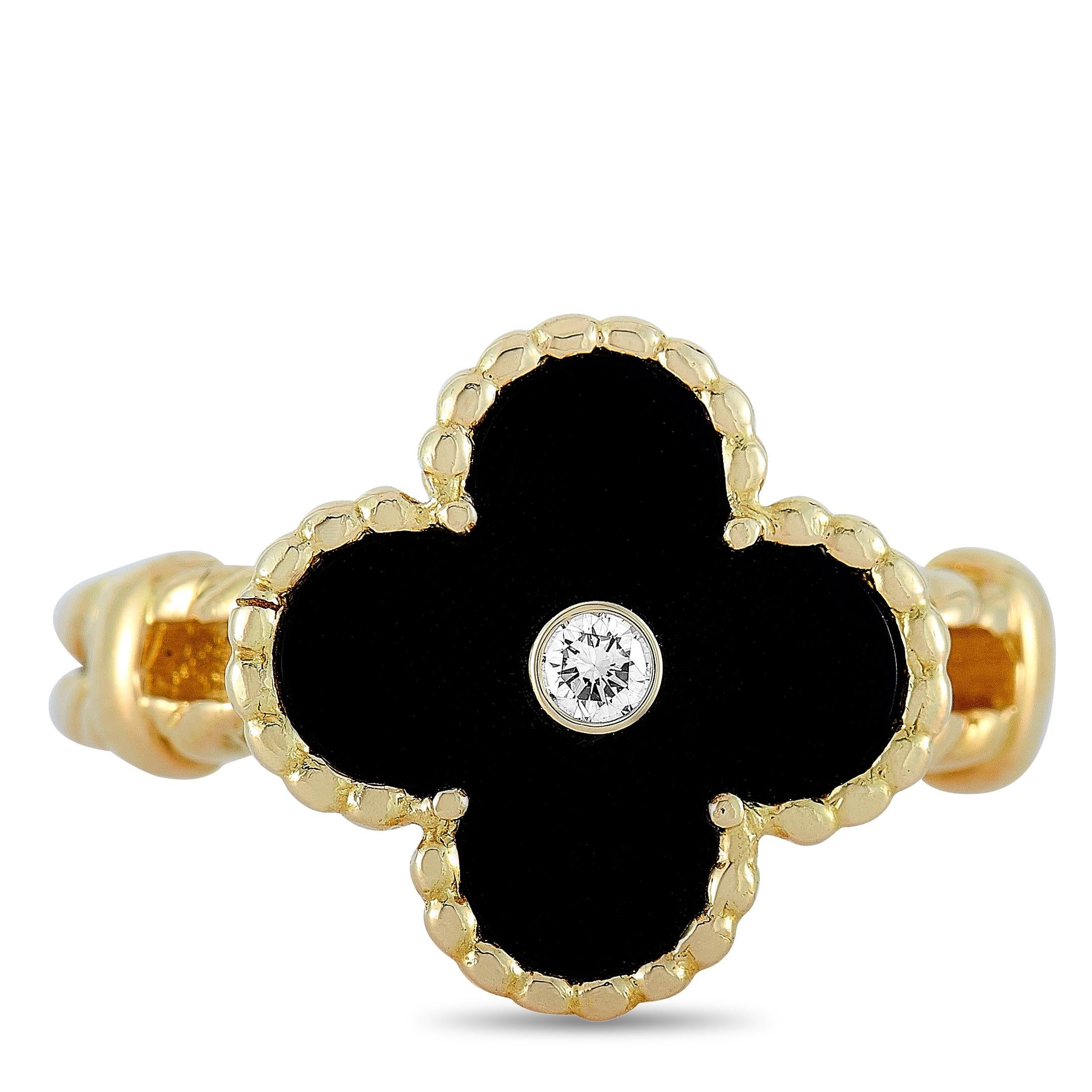 Women's Van Cleef & Arpels Alhambra 18 Karat Yellow Gold Diamond and Onyx Ring