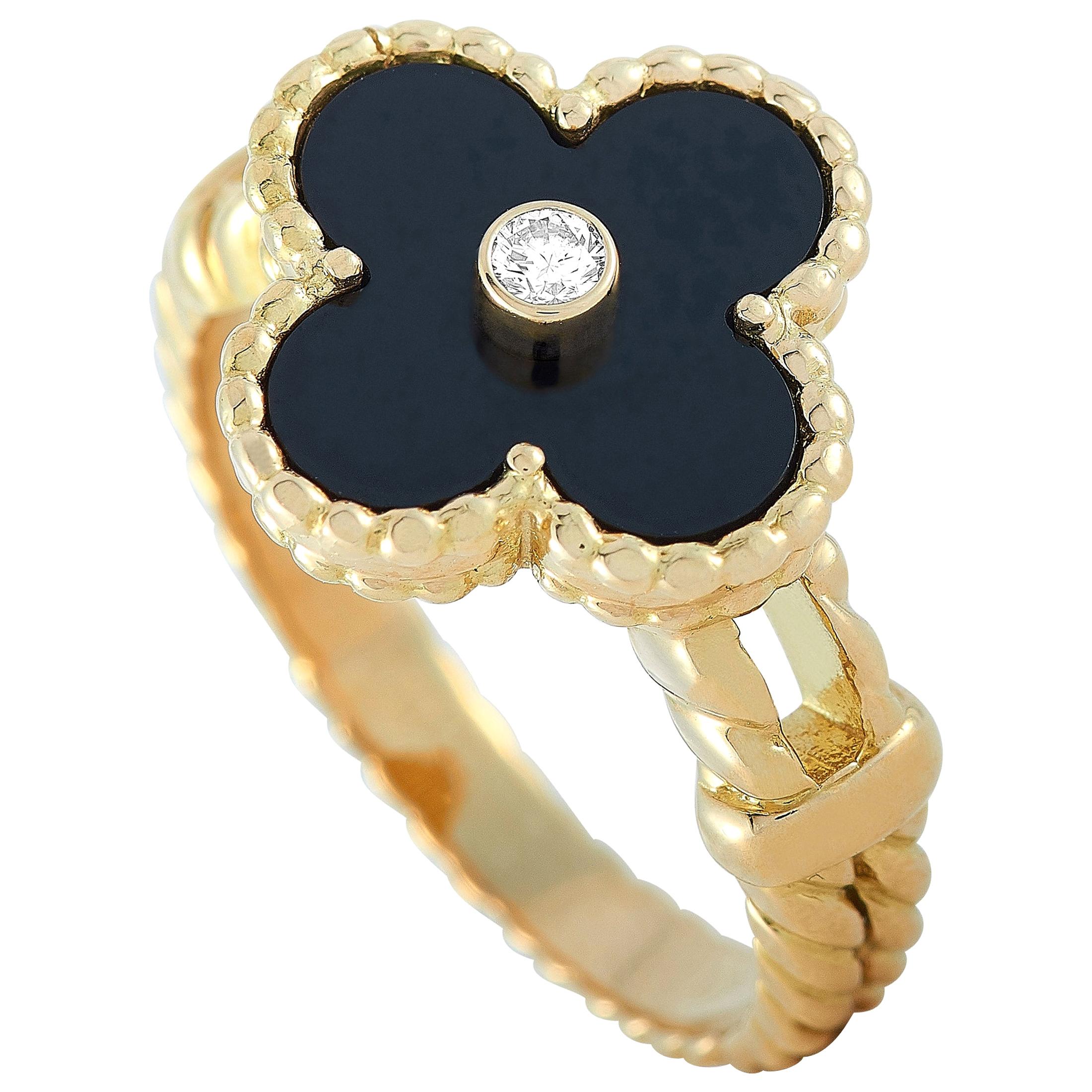 Van Cleef & Arpels Alhambra 18 Karat Yellow Gold Diamond and Onyx Ring