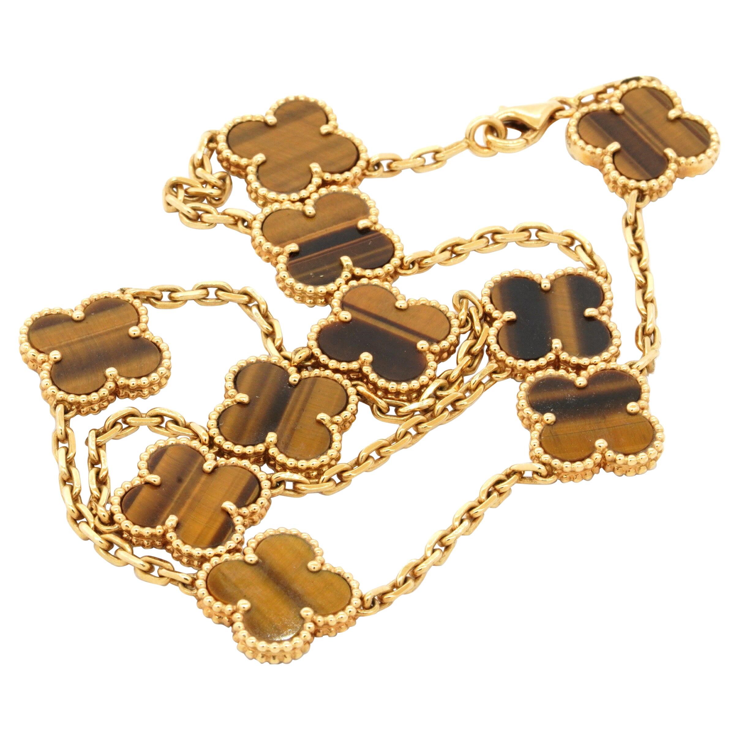 Van Cleef & Arpels Alhambra 18K Elegant Tigers Eye 10-Charm Necklace w/ Box For Sale