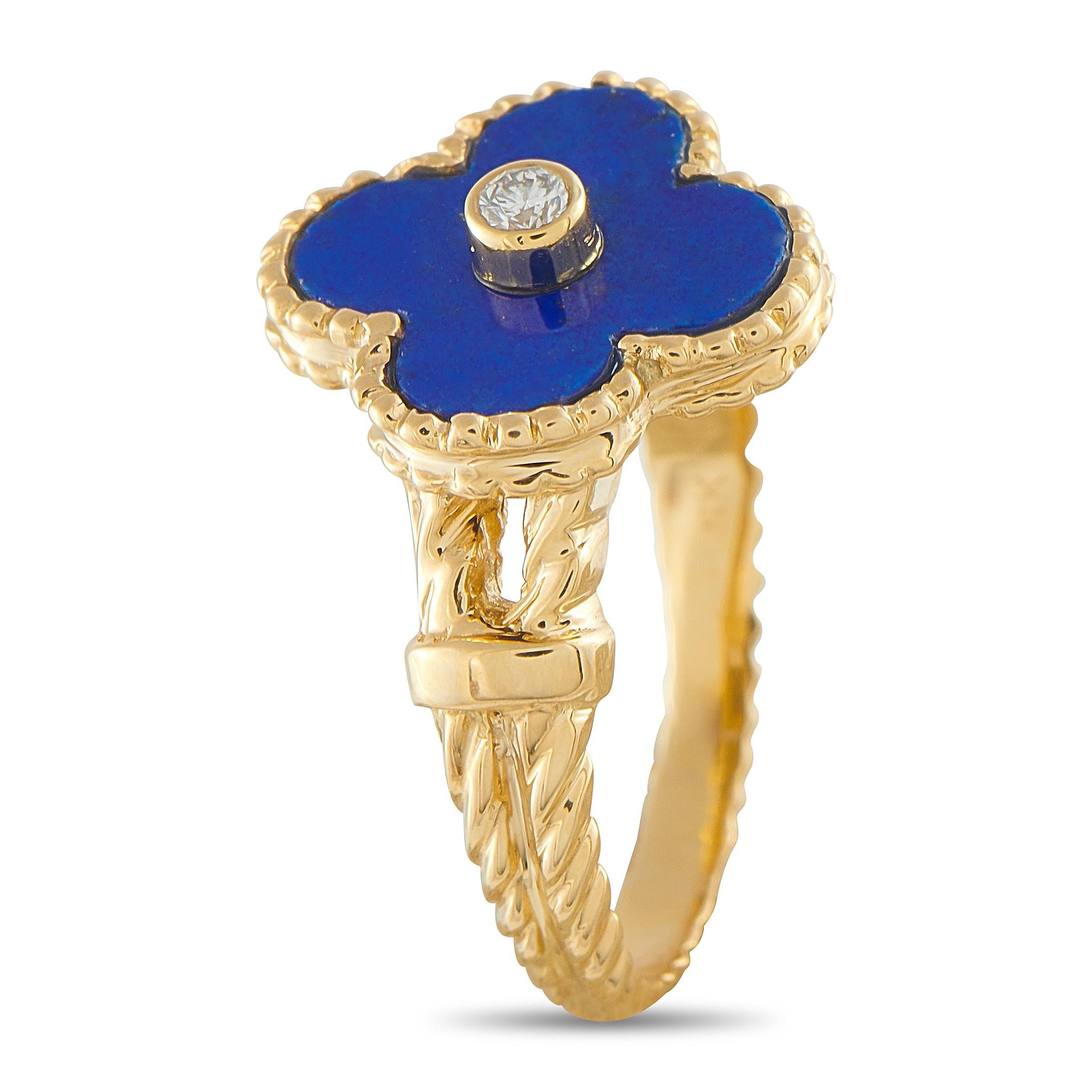 A jewel that can effortlessly enhance any daytime or evening attire. This ring from Van Cleef & Arpels features a yellow gold band with a rope-like texture. Its shoulders feature a delicate split design that draws the eye toward the legendary