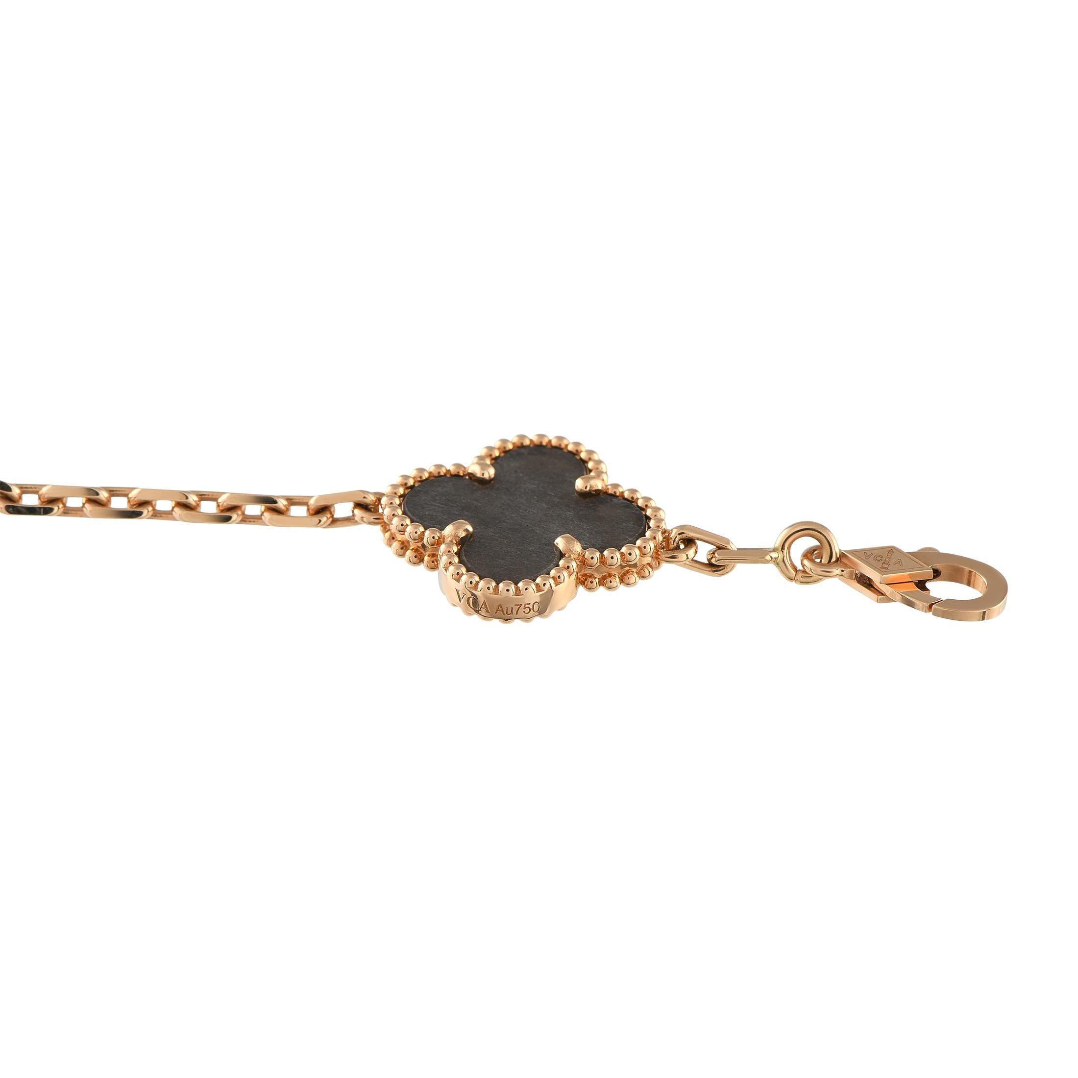 Taglio misto Van Cleef & Arpels Bracciale Alhambra in oro rosa 18 carati e argento con ossidiana in vendita