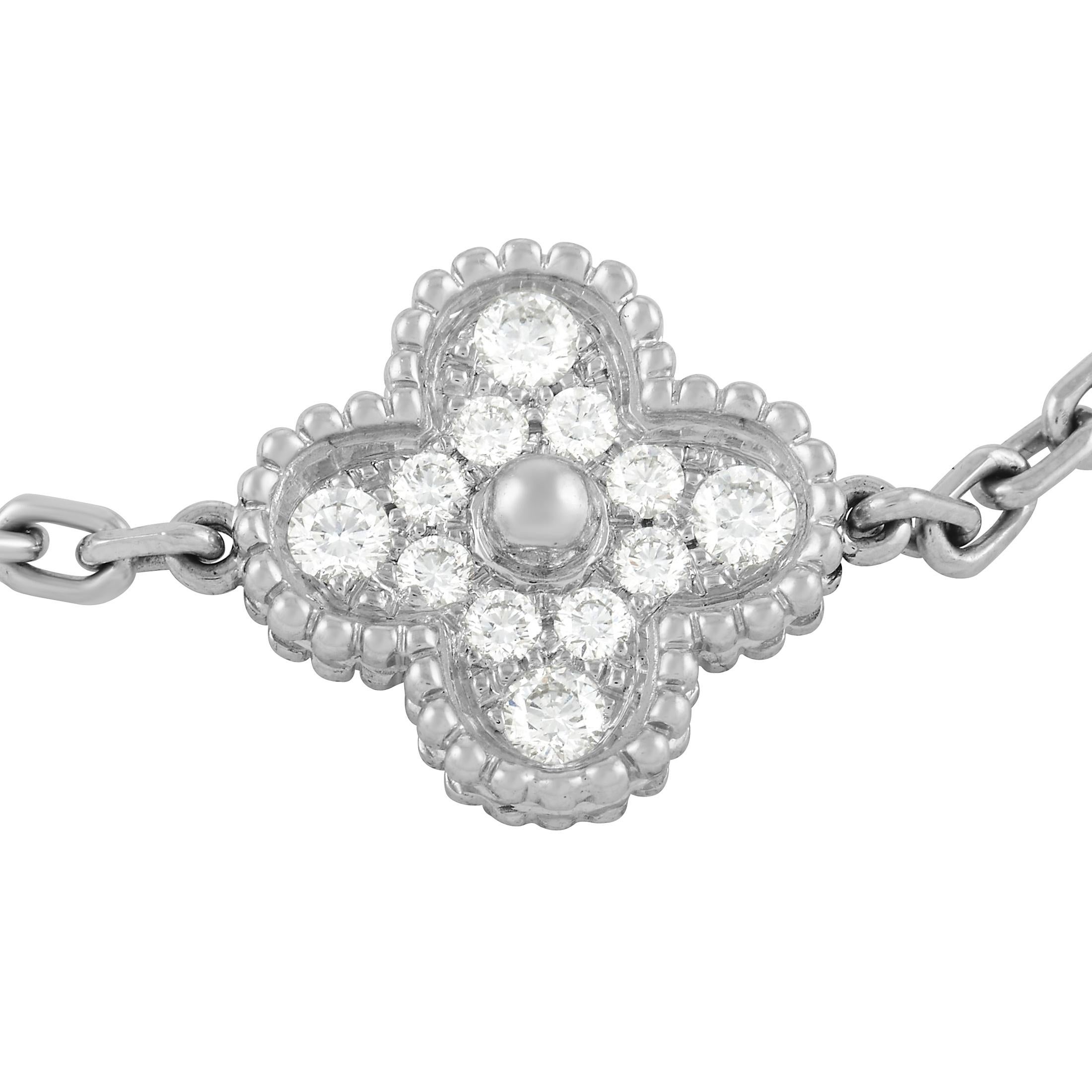 If you consider yourself a minimalist, this sophisticated Van Cleef & Arpels Alhambra bracelet will align with your aesthetic. Made from decadent 18K White Gold, this 7.5” long bracelet is accented by 5 of the brand’s iconic clovers. An impressive