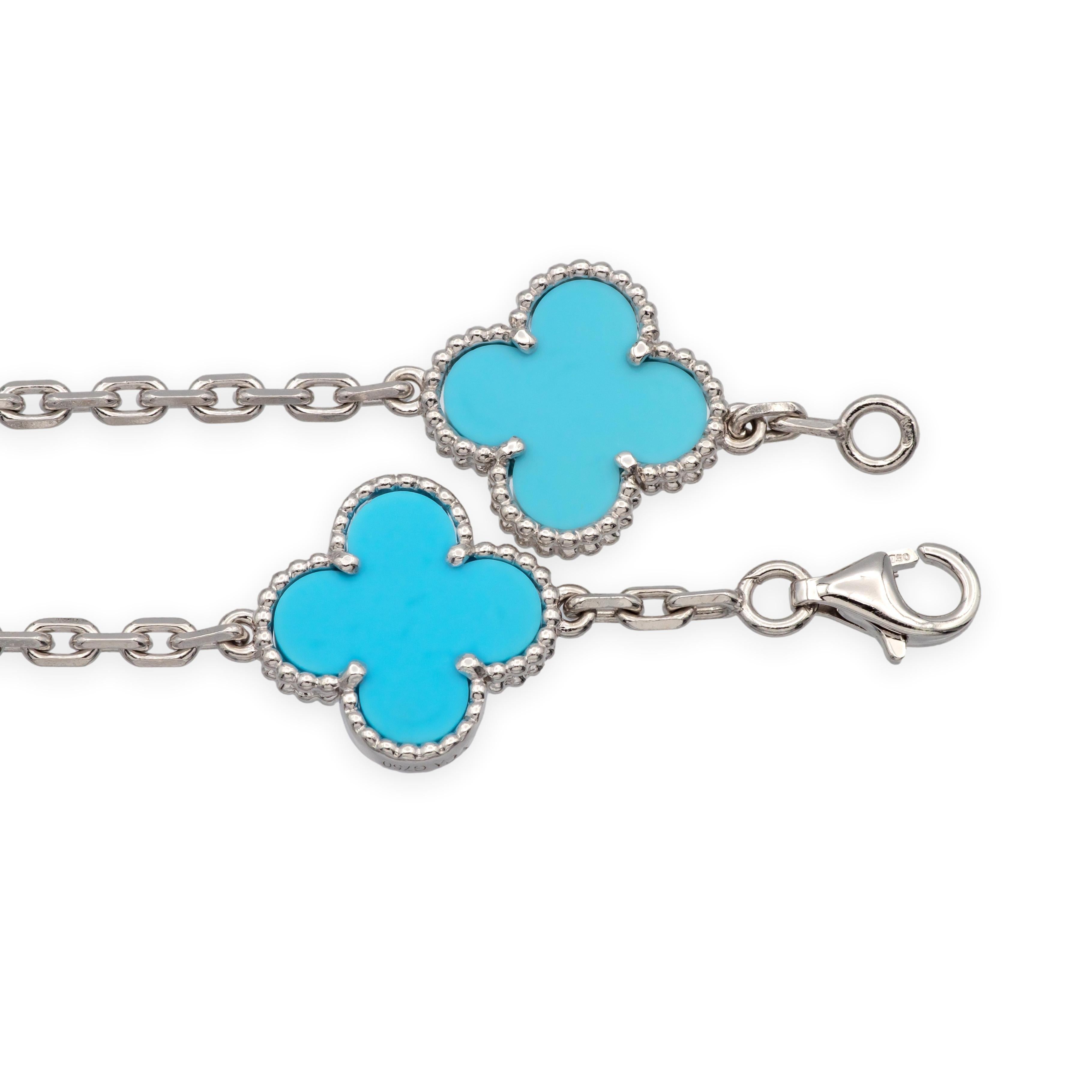 Contemporain Van Cleef & Arpels Bracelet Alhambra en or blanc 18K à 5 motifs Turquoise 7.75