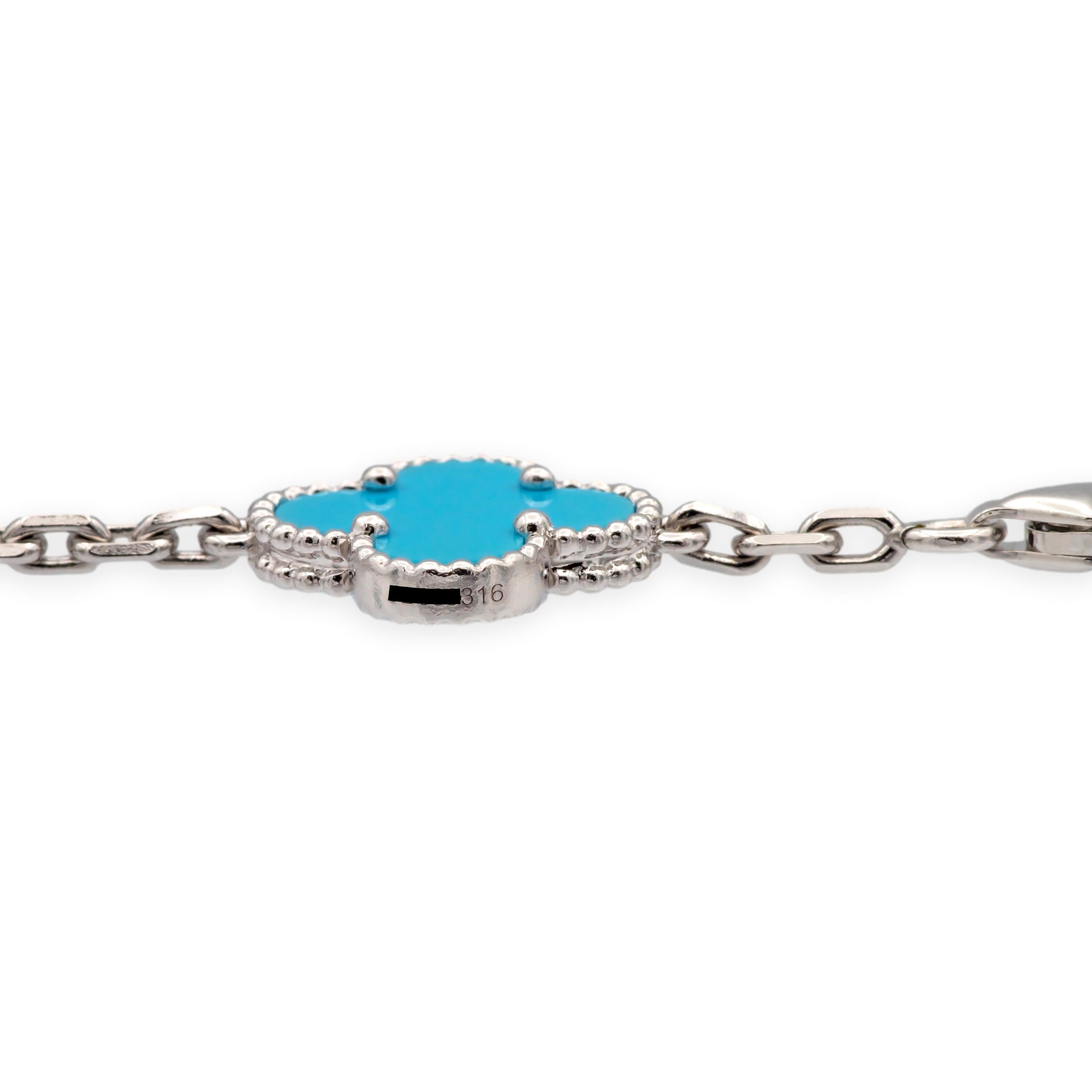 Non taillé Van Cleef & Arpels Bracelet Alhambra en or blanc 18K à 5 motifs Turquoise 7.75