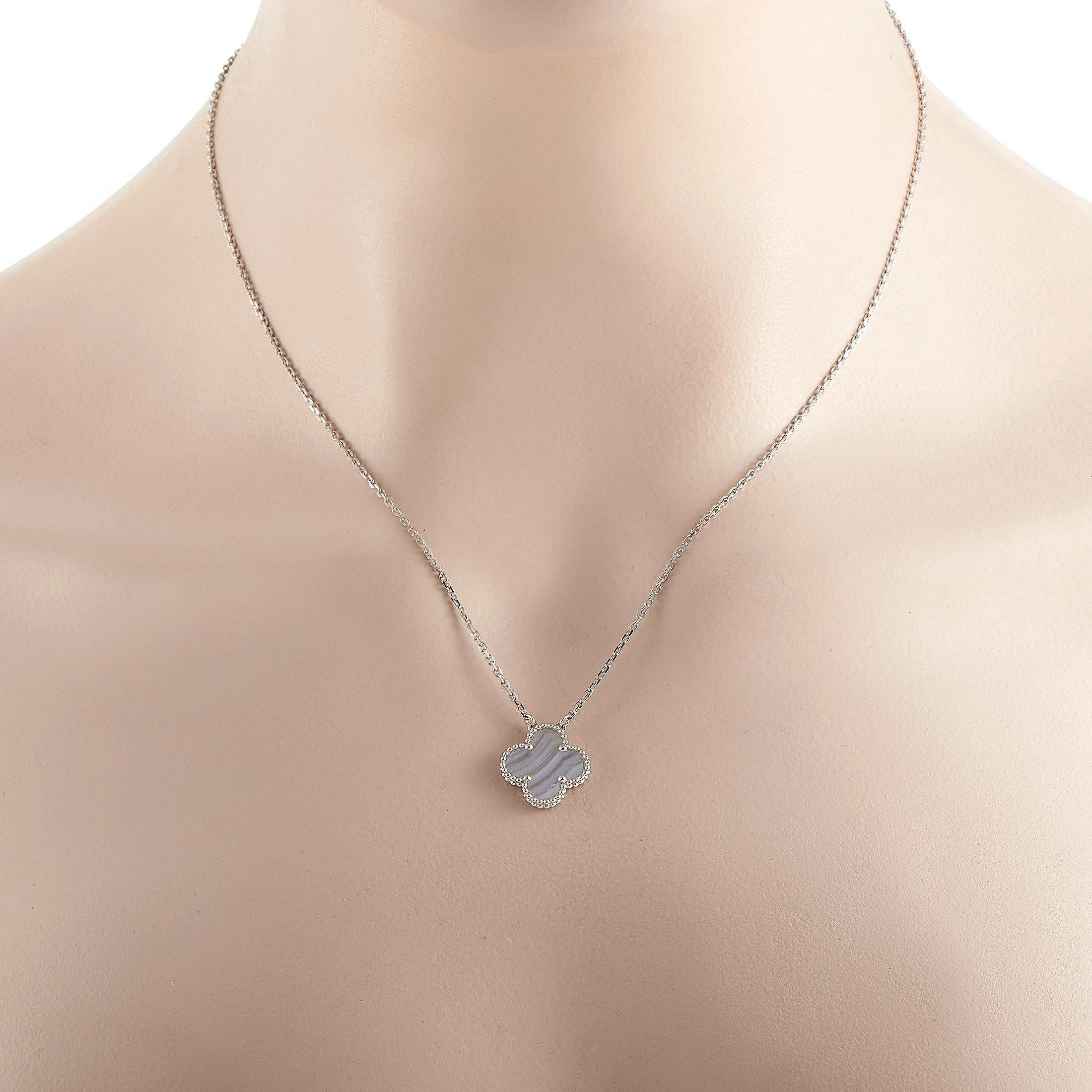 This sleek, understated necklace from Van Cleef & Arpels is incredibly chic. Suspended from an 18” chain, you’ll find the brand’s iconic Alhambra motif made from 18K White Gold and Chalcedony. The pendant measures 0.65” round and will always make a