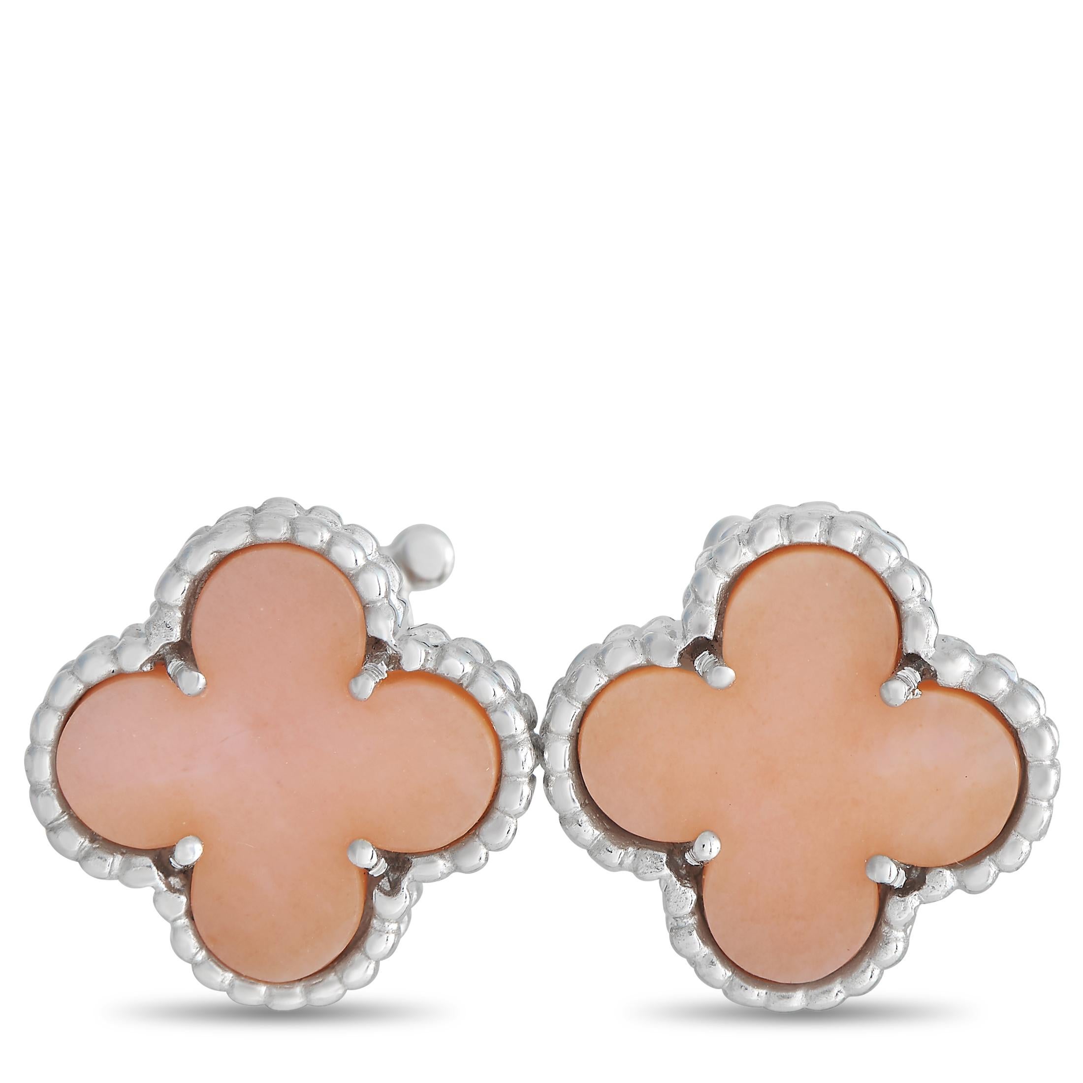 Van Cleef & Arpels Alhambra 18K White Gold Diamond and Pink Opal Earrings In Excellent Condition In Southampton, PA