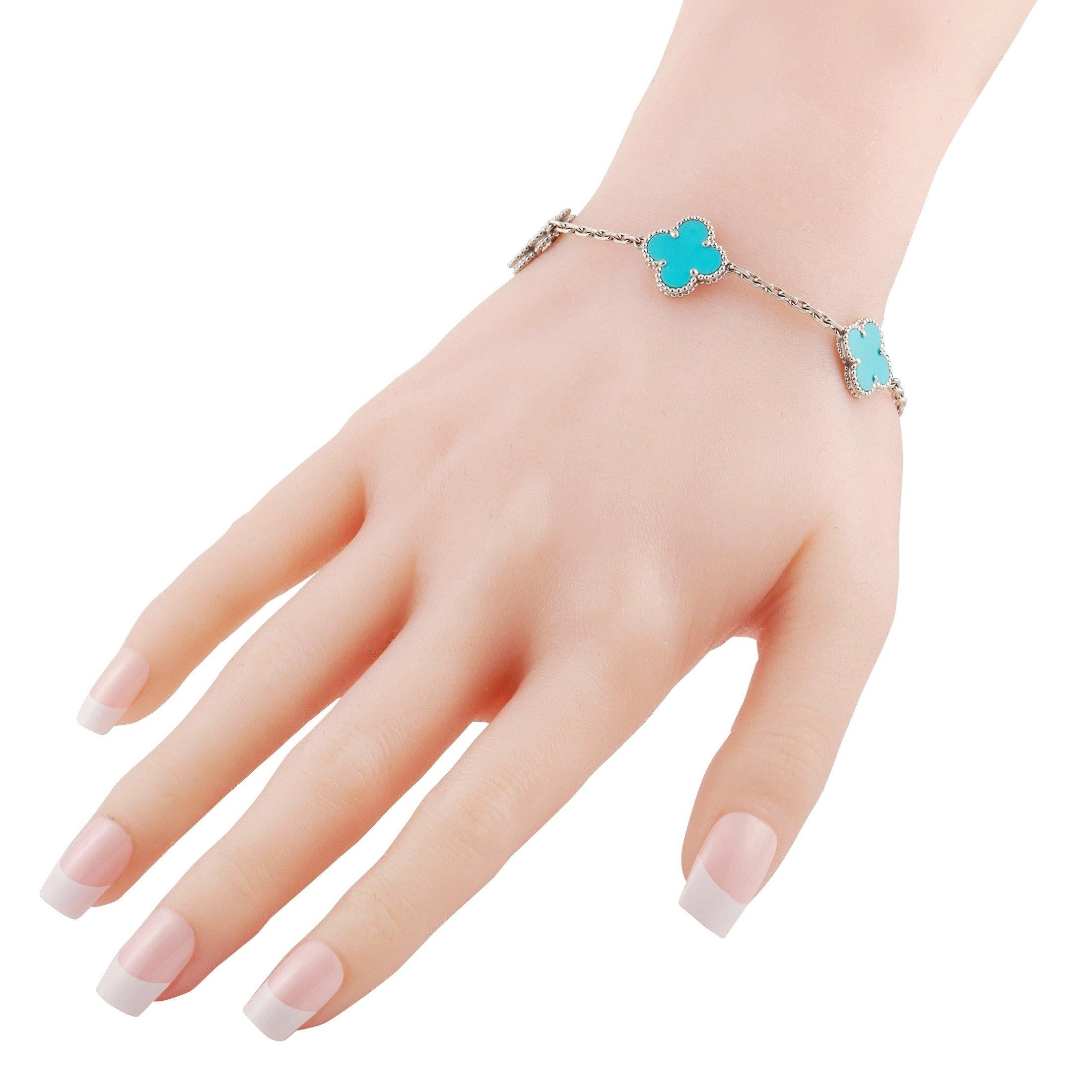 If you consider yourself a minimalist, this sophisticated Van Cleef & Arpels Alhambra bracelet will align with your aesthetic. Made from decadent 18K White Gold, this 7” long bracelet is accented by 5 of the brand’s iconic turquoise clovers.
 
 This