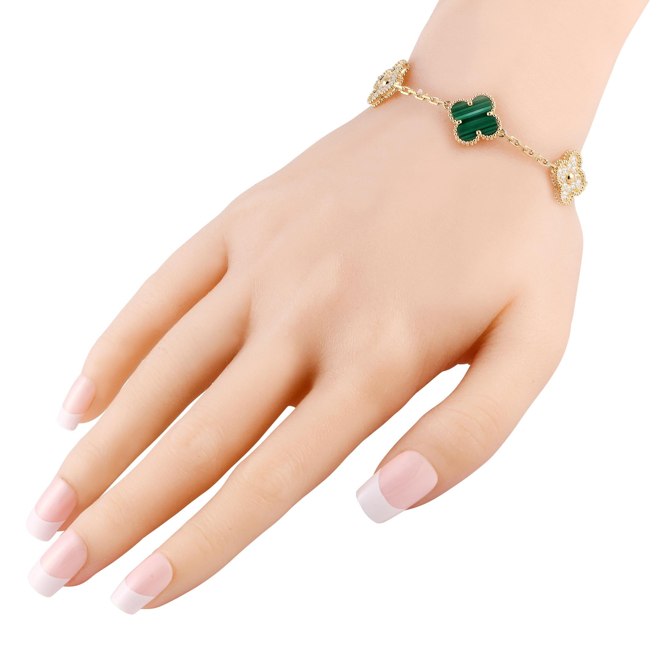 On this elegant Van Cleef & Arpels Alhambra bracelet, the luxury brands iconic clover motifs make a statement on a delicate chain measuring 6.5 long. Green Malachite stones and sparkling Diamonds totaling 0.96 carats contrast beautifully against the