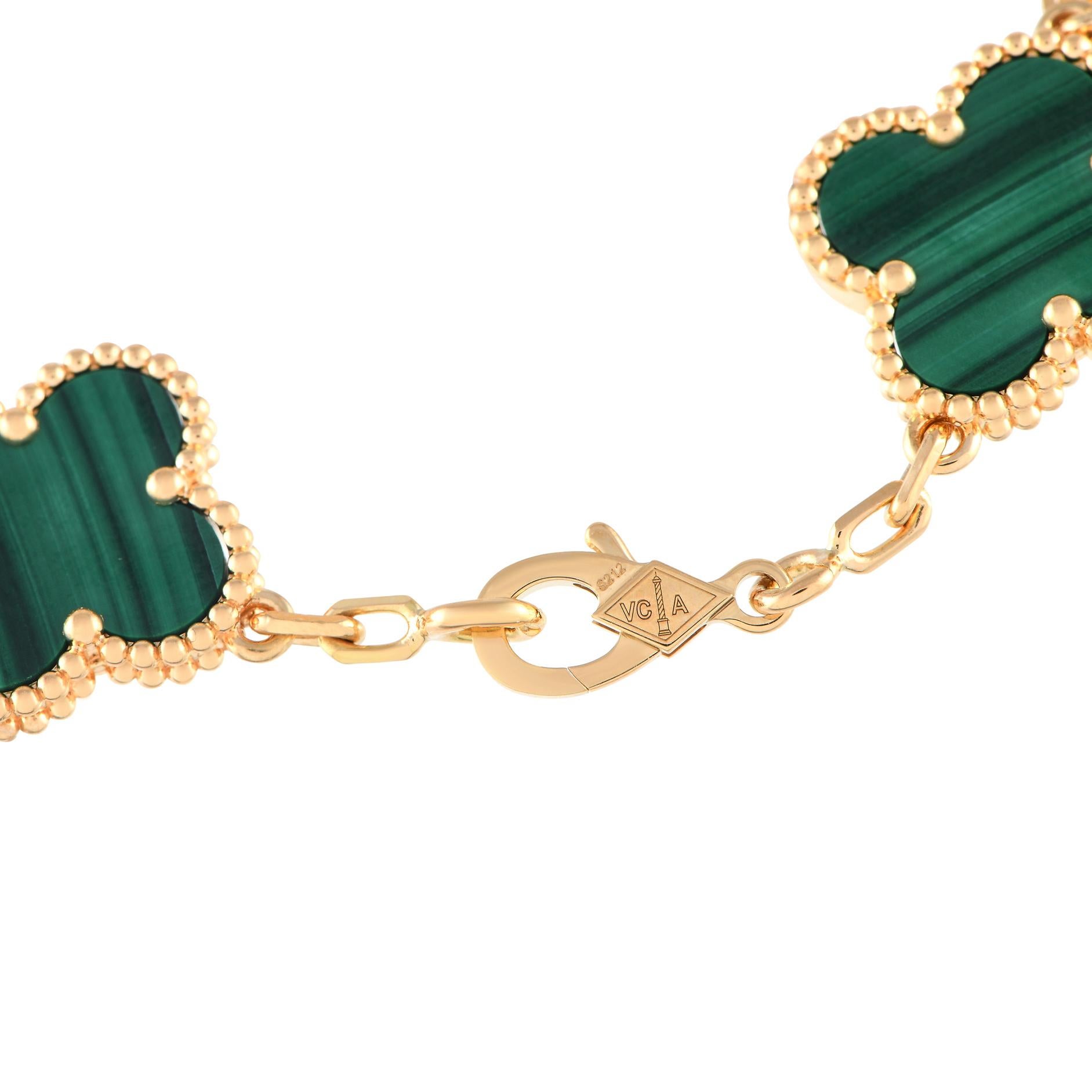 Taille ronde Van Cleef & Arpels, bracelet Alhambra en or jaune 18 carats, diamants 0,96 carat et malachite