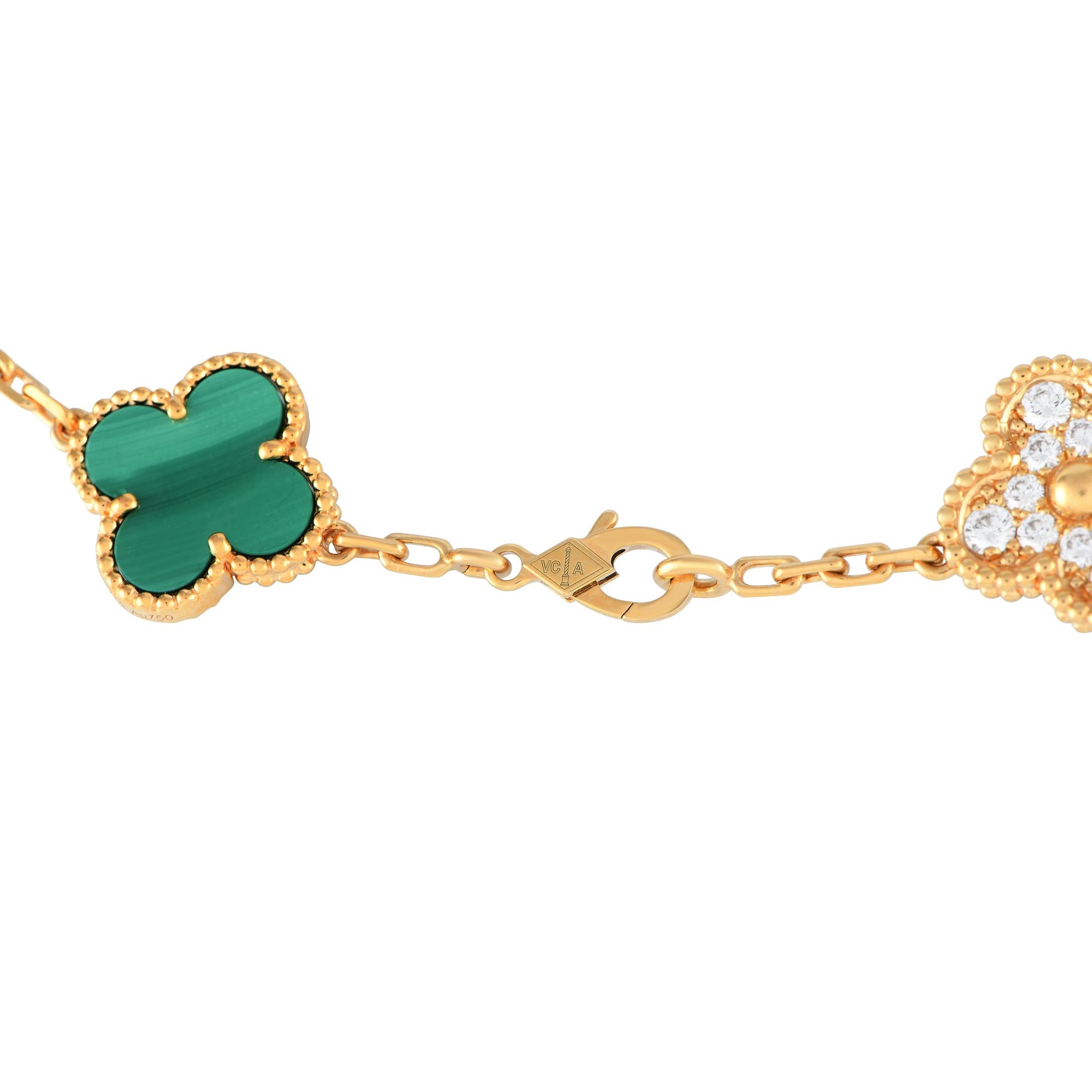 Van Cleef & Arpels Alhambra 18K Gelbgold 2,42ct Diamant Malachit Halskette (Rundschliff)