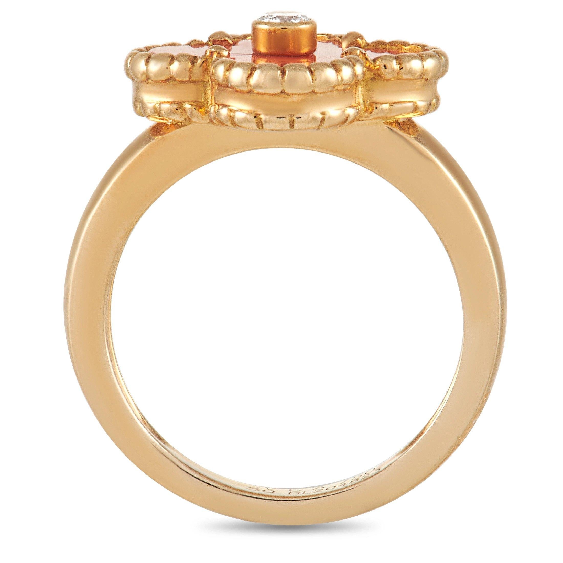 This iconic piece of jewelry can elevate any look with its distinct yet versatile design. The Van Cleef & Arpels 18K Yellow Gold Diamond and Coral Alhambra Ring features a slim 2mm band in yellow gold topped with a coral four-leaf clover leaf