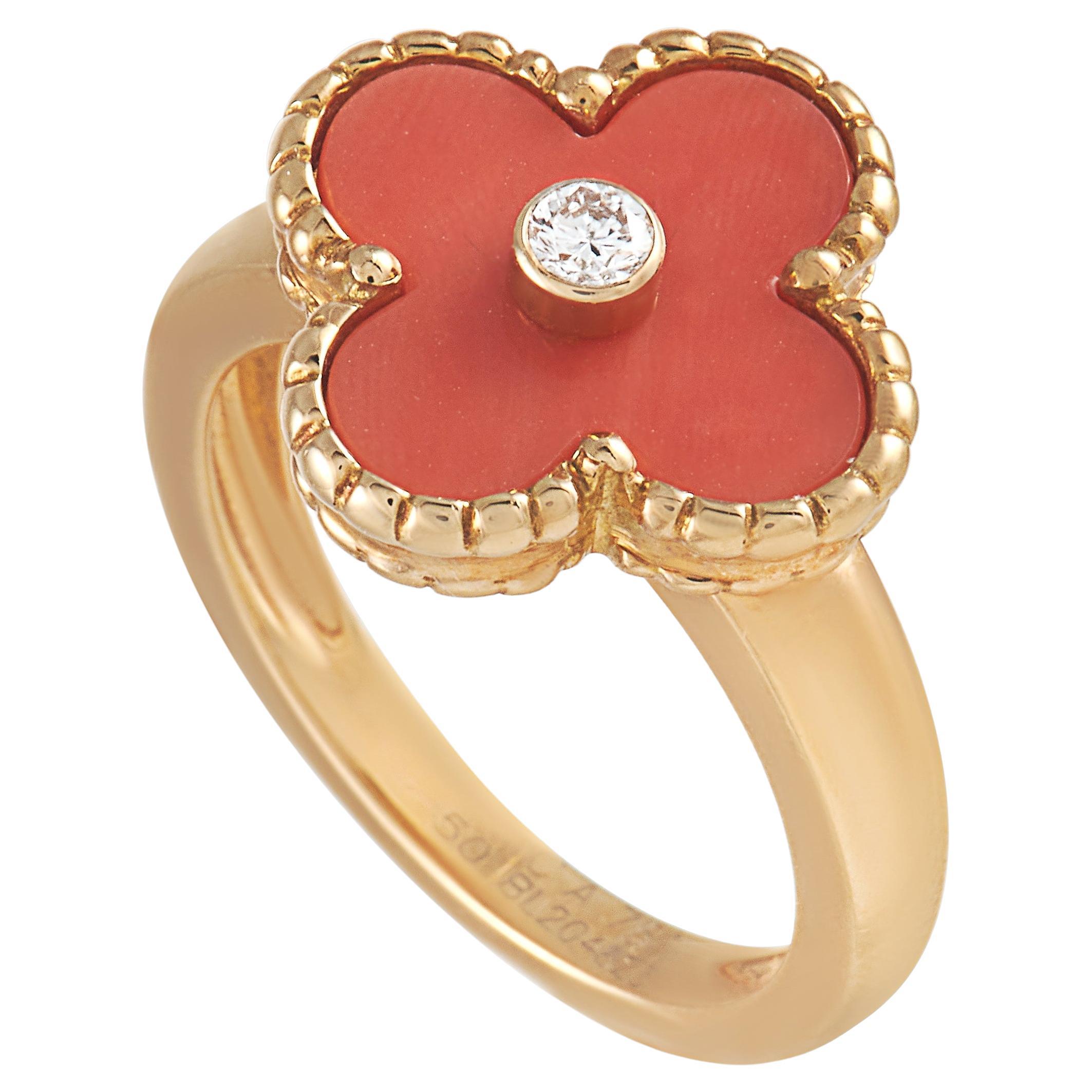 Van Cleef & Arpels Alhambra 18K Yellow Gold Diamond and Coral Ring