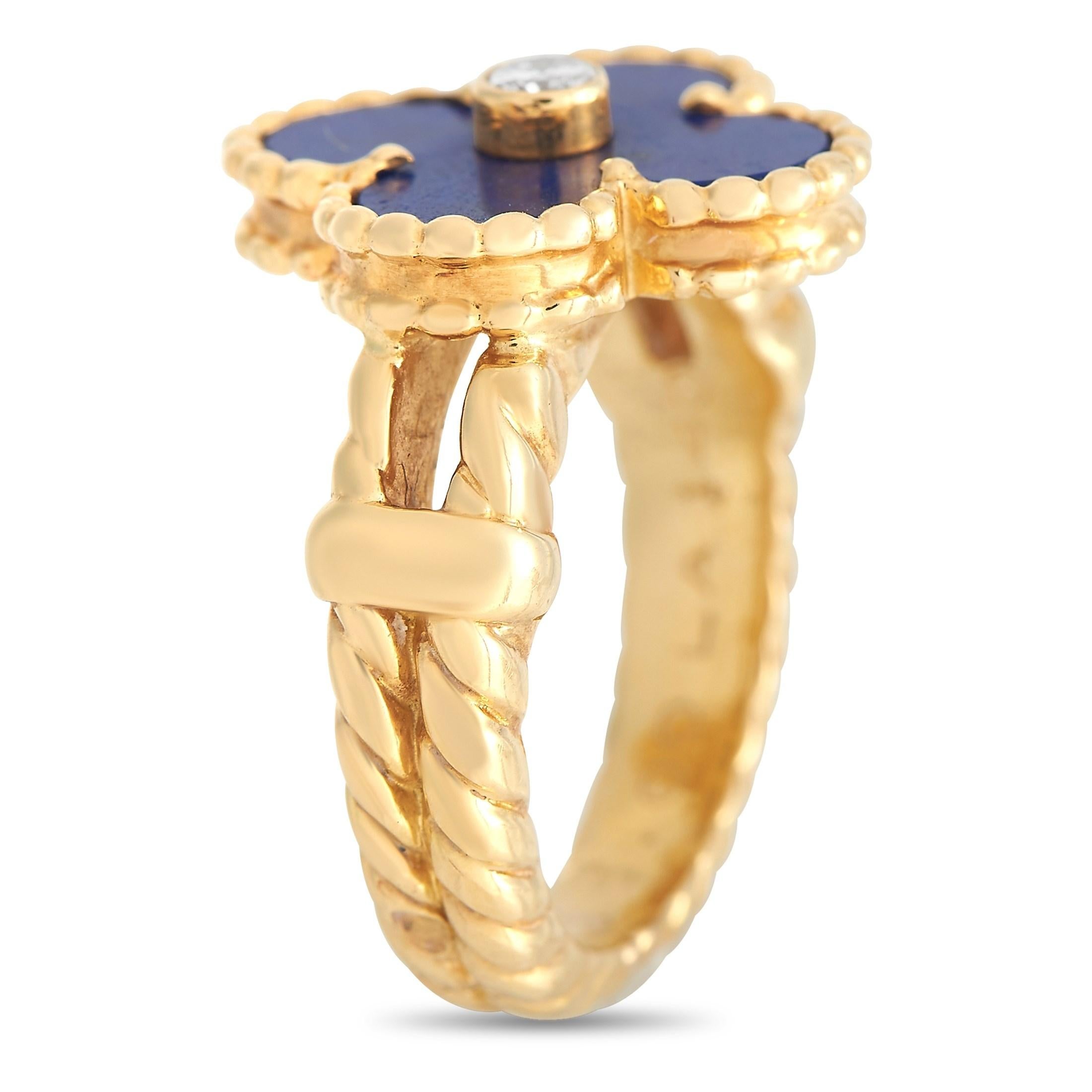 This stunning Van Cleef & Arpels Alhambra ring is poised to serve as an ornate addition to any luxury jewelry collection. The 18K Yellow Gold band measures 3mm wide band features a beautifully textured design. At the top, the brand’s iconic