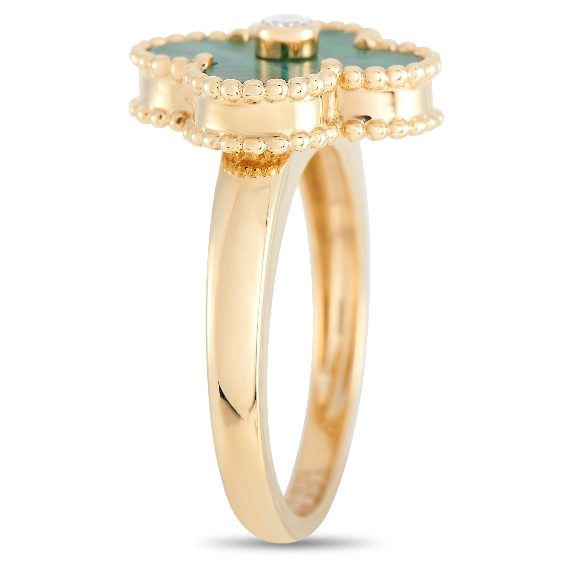 The Van Cleef & Arpels Alhambra symbol takes center stage on this impeccable ring. Set upon an 18K Yellow Gold band measuring 2mm wide, you’ll find a clover-shaped accent adorned with captivating green Malachite and a singular diamond center stone.